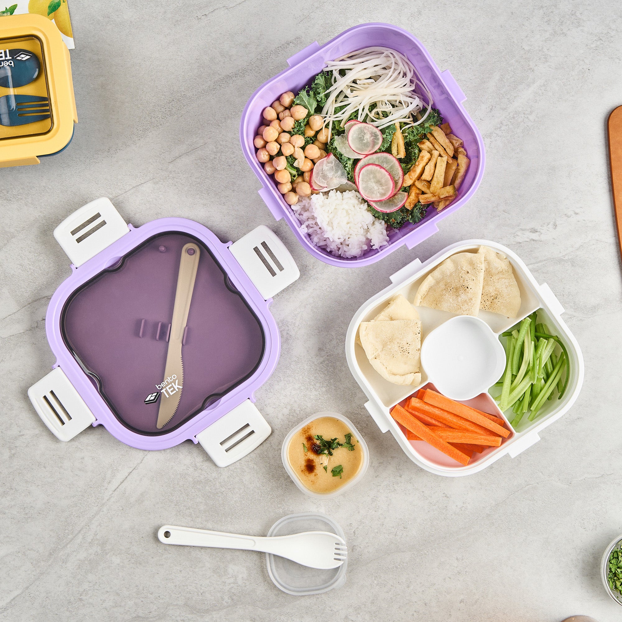 Bento Tek 58 oz Purple and White BPA Free Lunch Box with Fork & Knife - Microwave Safe, Reusable Food Container (7.25