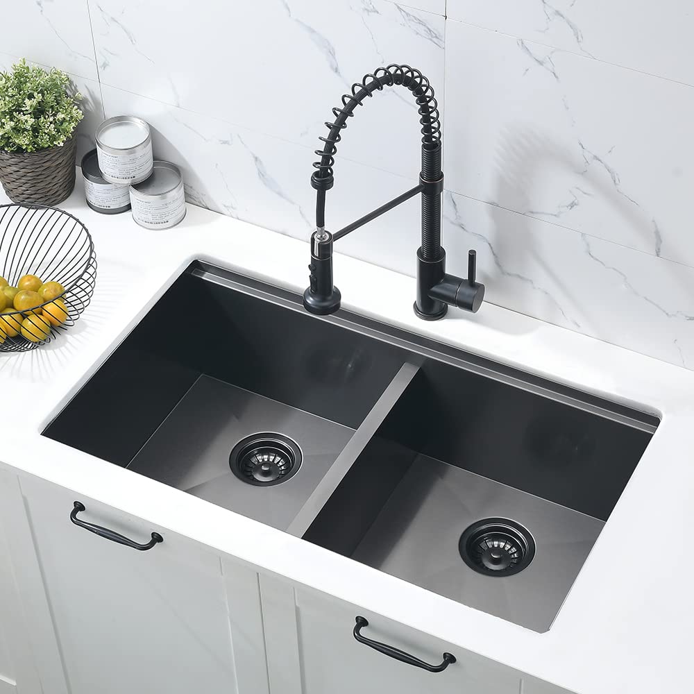 Bokaiya 33x19 Inch Undermount Double Bowl Kitchen Sink - 16 Gauge Black Stainless Steel, Deep Low Divided 50/50 Design for Heavy Duty Use - Perfect for Food Prep, Dishwashing & Multi-Tasking in Modern Kitchens