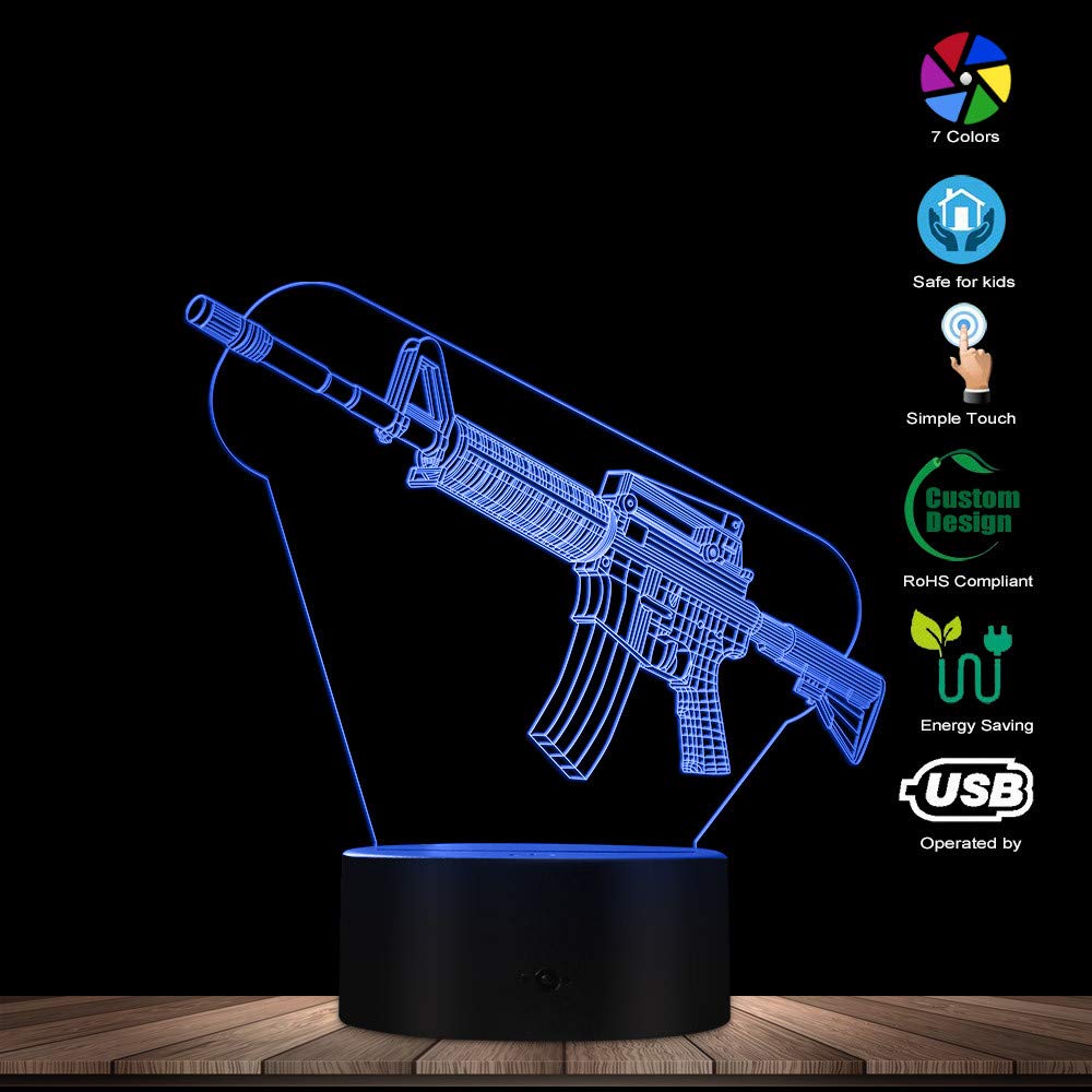 3D LED Gun Lamp - Military Weapon Night Light with Optical Illusion, Cool Cartoon Machine Gun Design - Perfect Gift for Gun Enthusiasts & Home/Office Decor
