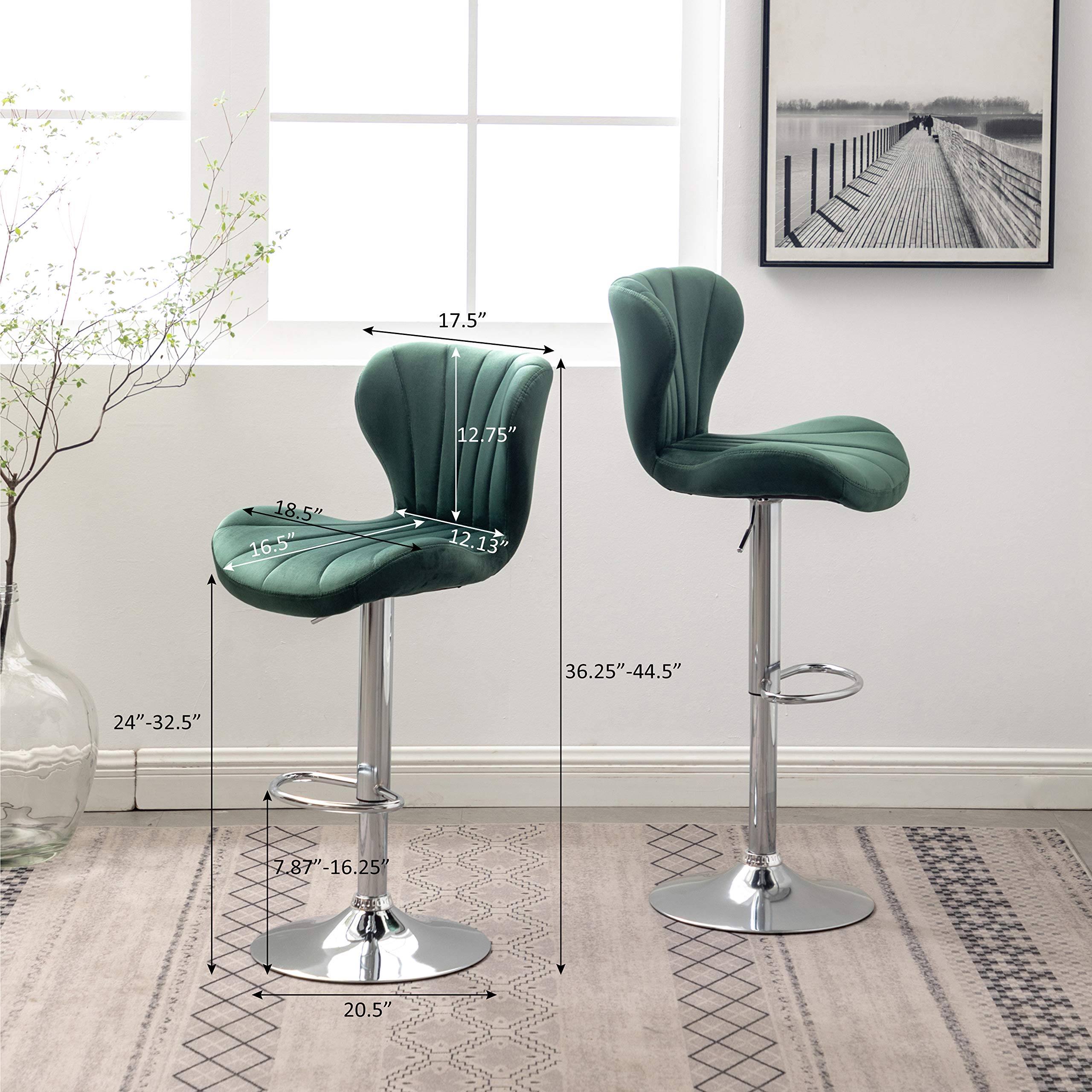 Roundhill Furniture Ellston Velvet Adjustable Swivel Bar Stools - Set of 2, Green Velvet Upholstery, Counter Height Stools for Kitchen Island, Bar or Breakfast Nook