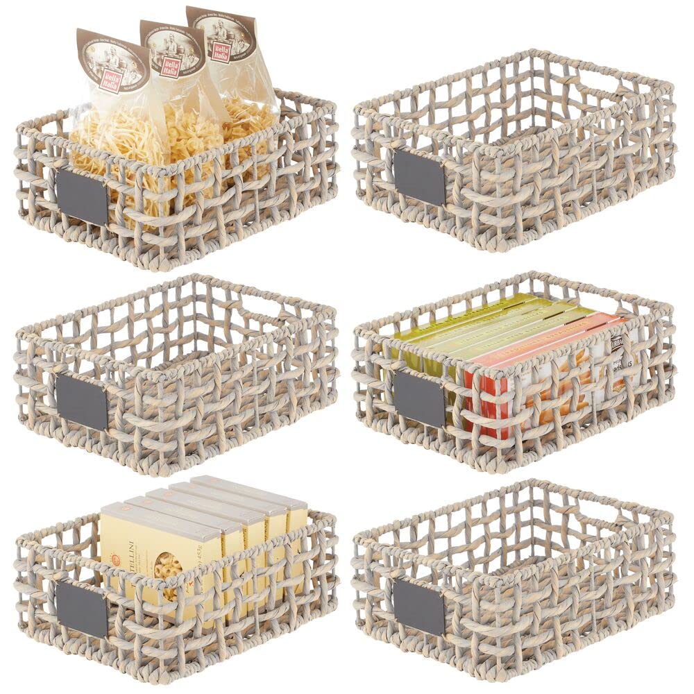 mDesign 6-Pack Gray Wash Water Hyacinth Open Weave Pantry Baskets with Chalkboard Labels - 16