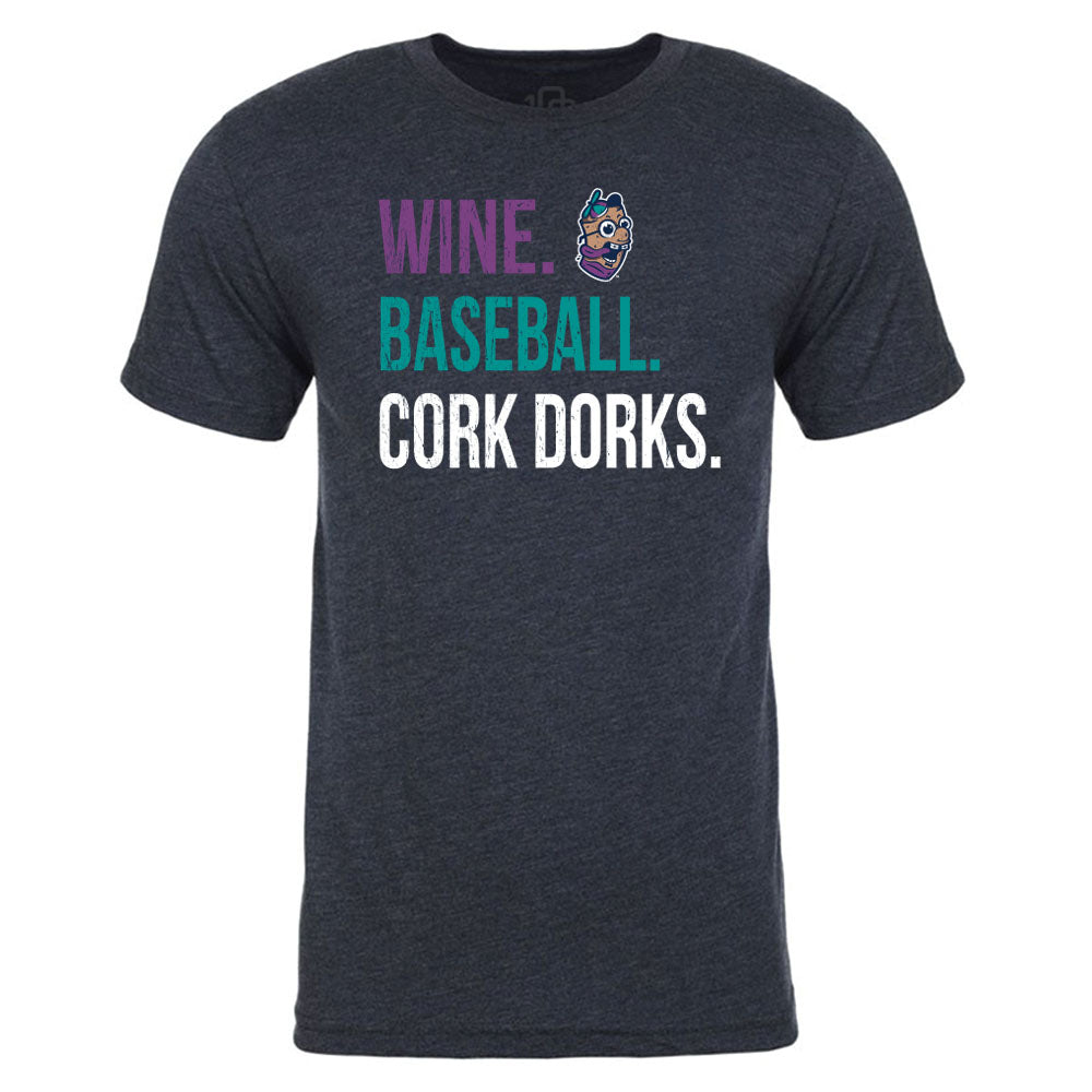 Triblend Wine Baseball Cork Dorks Navy Tee - Comfortable Vintage Style T-Shirt for Wine Lovers & Baseball Fans | Perfect for Casual Wear, Wine Tasting Events & Game Days