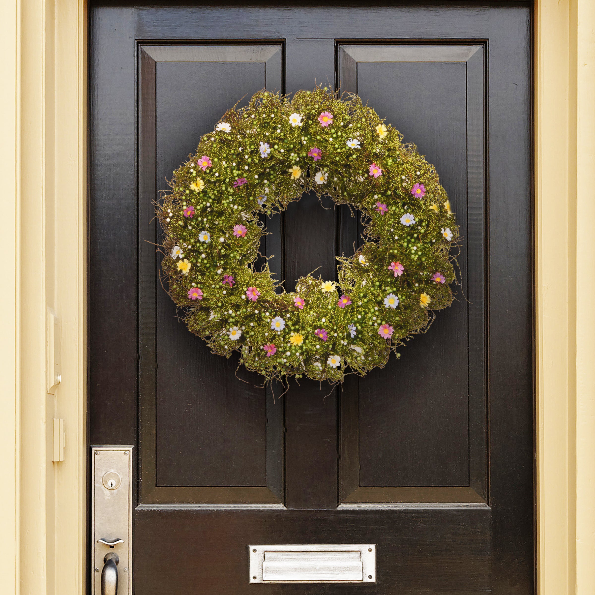 19 Inch Spring Wreath with Yellow, White, Pink & Blue Flowers, Green Ivy & Berries - Elegant Front Door Decoration for Easter, Mother's Day & Home Décor