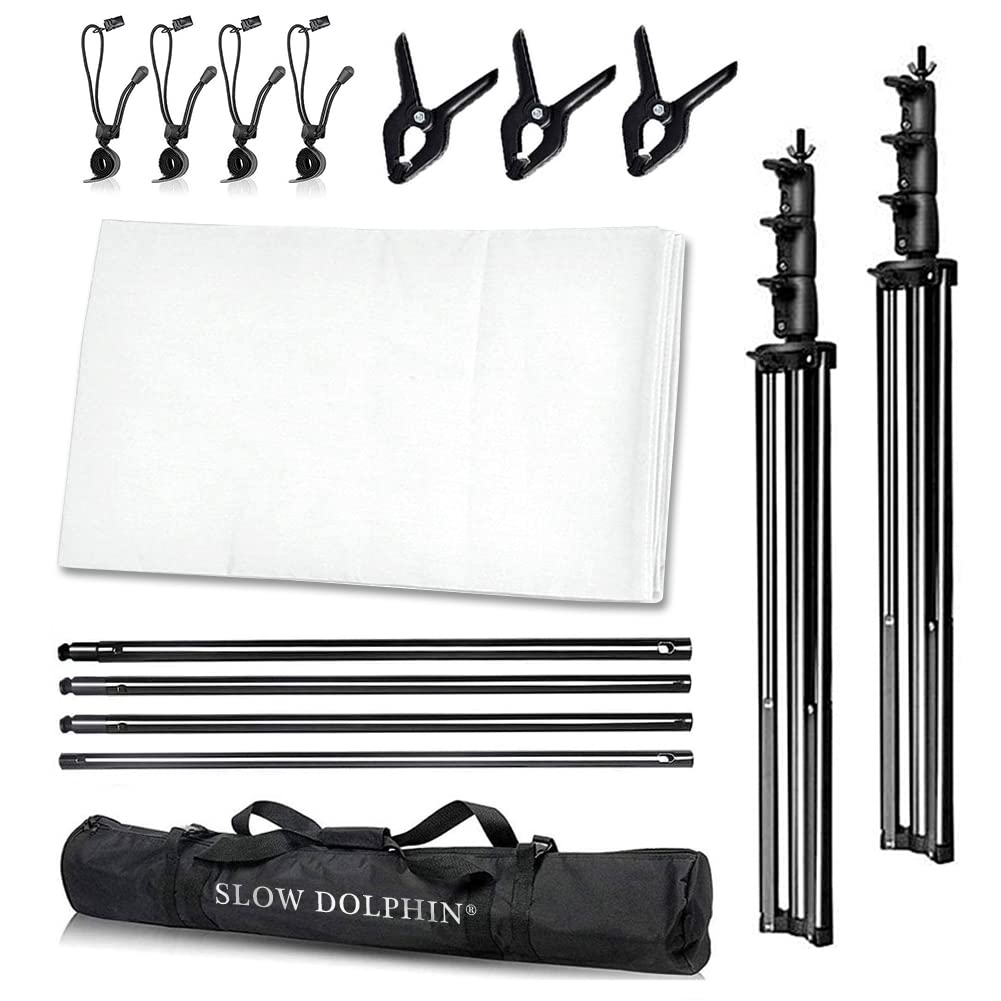 SLOW DOLPHIN 10x12ft White Cotton Muslin Backdrop with 10x10ft Stand - Photography Background Support Kit with Clamps, Clips & Carry Bag - Perfect for Photo Studios, Video Shoots, and Portrait Photography