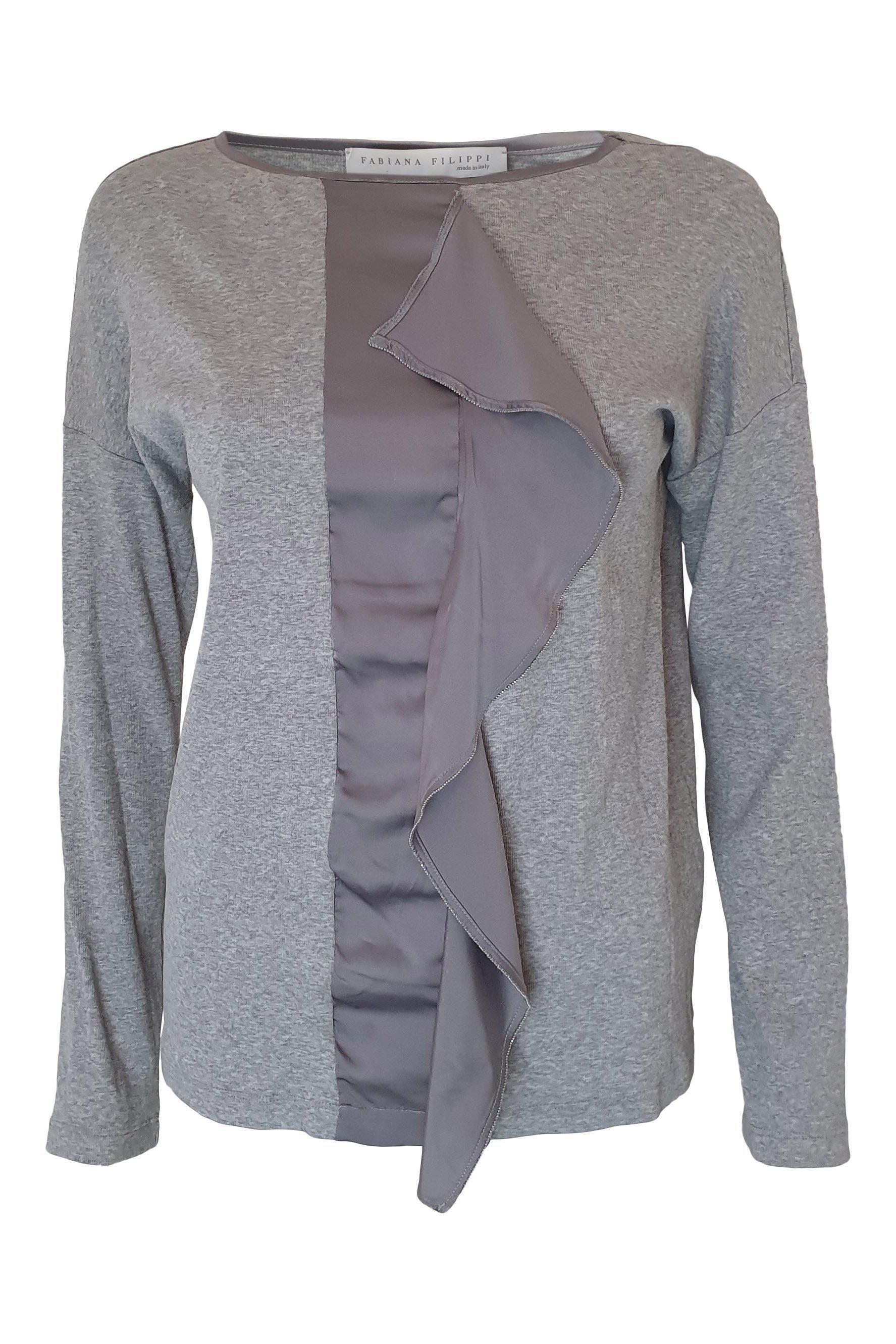 FABIANA FILIPPI Grey Linen Cotton Blend Long Sleeve Women's Top (Large) - Perfect for Casual Outings, Office Wear & Layered Outfits