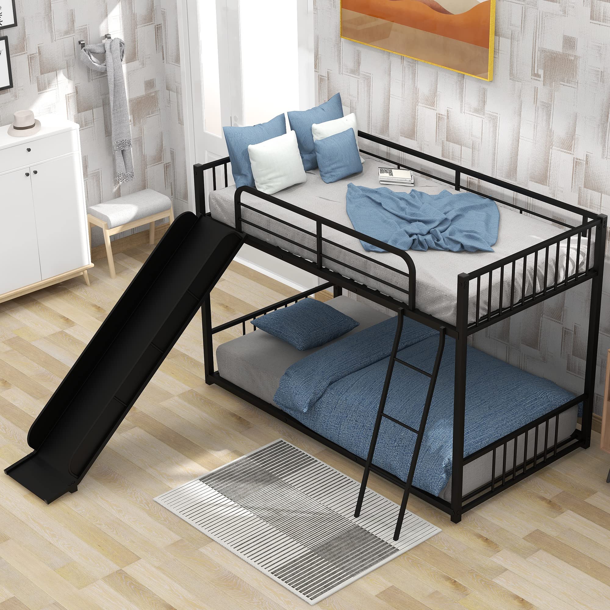 Twin Over Twin Metal Loft Bunk Bed with Slide & Ladder - Sturdy Kids Bunk Bed with Safety Guard Rails for Children, Teens & Adults | Easy Assembly, No Box Spring Needed | Perfect for Small Bedrooms, Dorm Rooms & Space-Saving Kids' Rooms