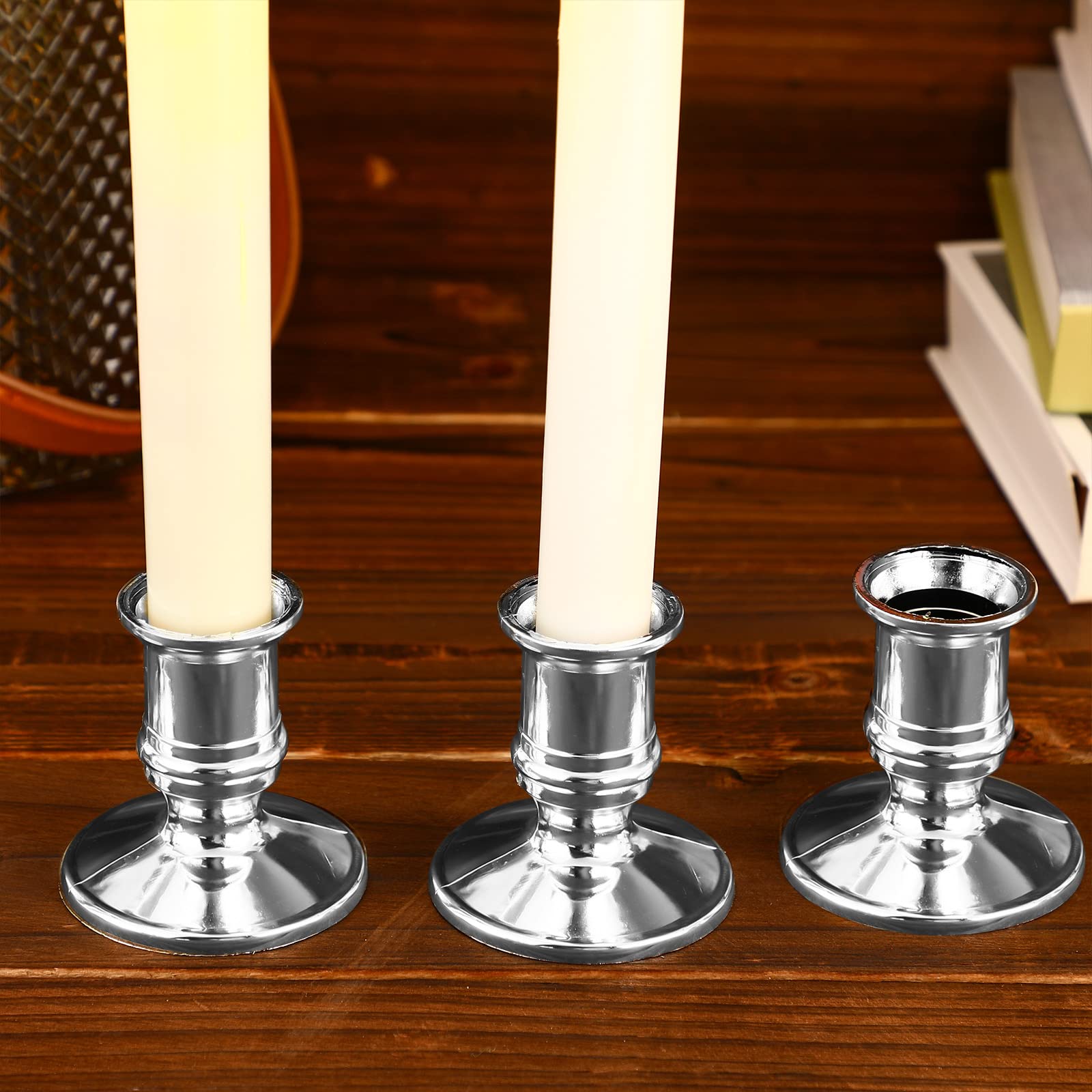 Silver Plastic Flameless LED Taper Candle Holders - 24 Pack Traditional Candlesticks for Halloween, Christmas, Wedding & Dinner Table Decor - Perfect for Centerpieces, Holiday Lighting and Romantic Ambiance