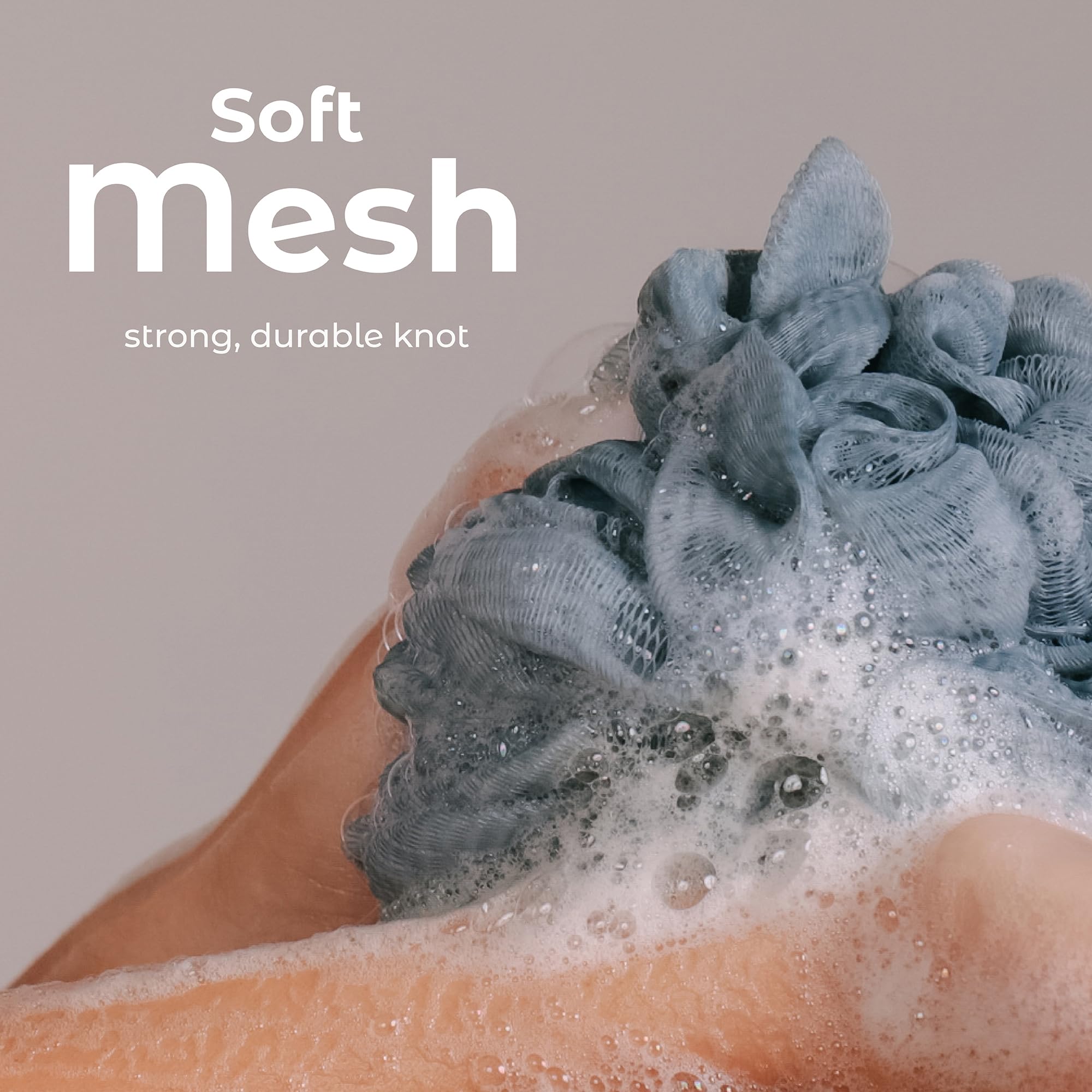 MainBasics 3-Pack Bath & Shower Loofah Sponge Pouf - Exfoliating Body Scrubber for Smooth Skin, Soft Airy Blossom Design - Perfect for Daily Body Wash & Spa Exfoliation at Home