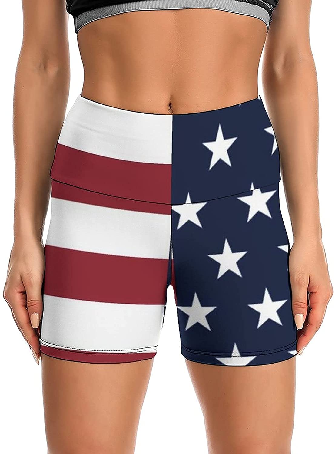 Women's High Waisted Yoga Shorts - Patriotic USA Flag 4th of July Cross Waist Workout Biker Running Athletic Shorts | Perfect for Yoga, Gym, Running & Outdoor Sports