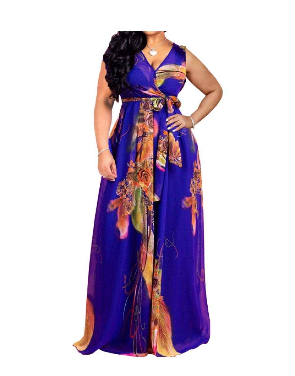 Lvenzse Women's Maxi Dress - Boho Chiffon Floral Printed V-Neck Long Summer Dress for Beach, Vacation & Casual Wear