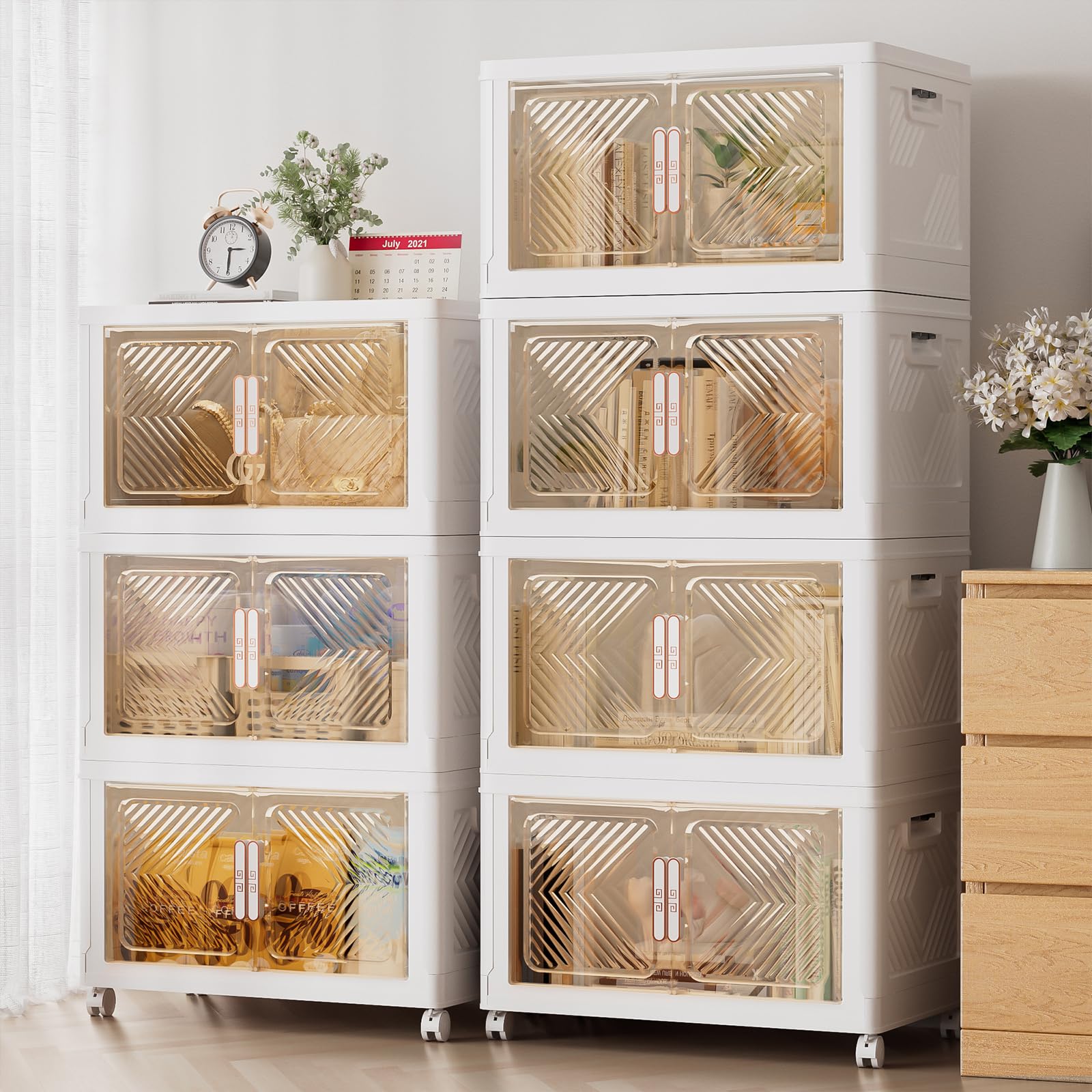 76QT Stackable Storage Bins with Lids, Wheels & Magnetic Doors - Plastic Storage Containers for Closet, Pantry, Home & Office Organization (5-Pack) - Perfect for Seasonal Clothes Storage, Toy Organization & Space Saving Solutions