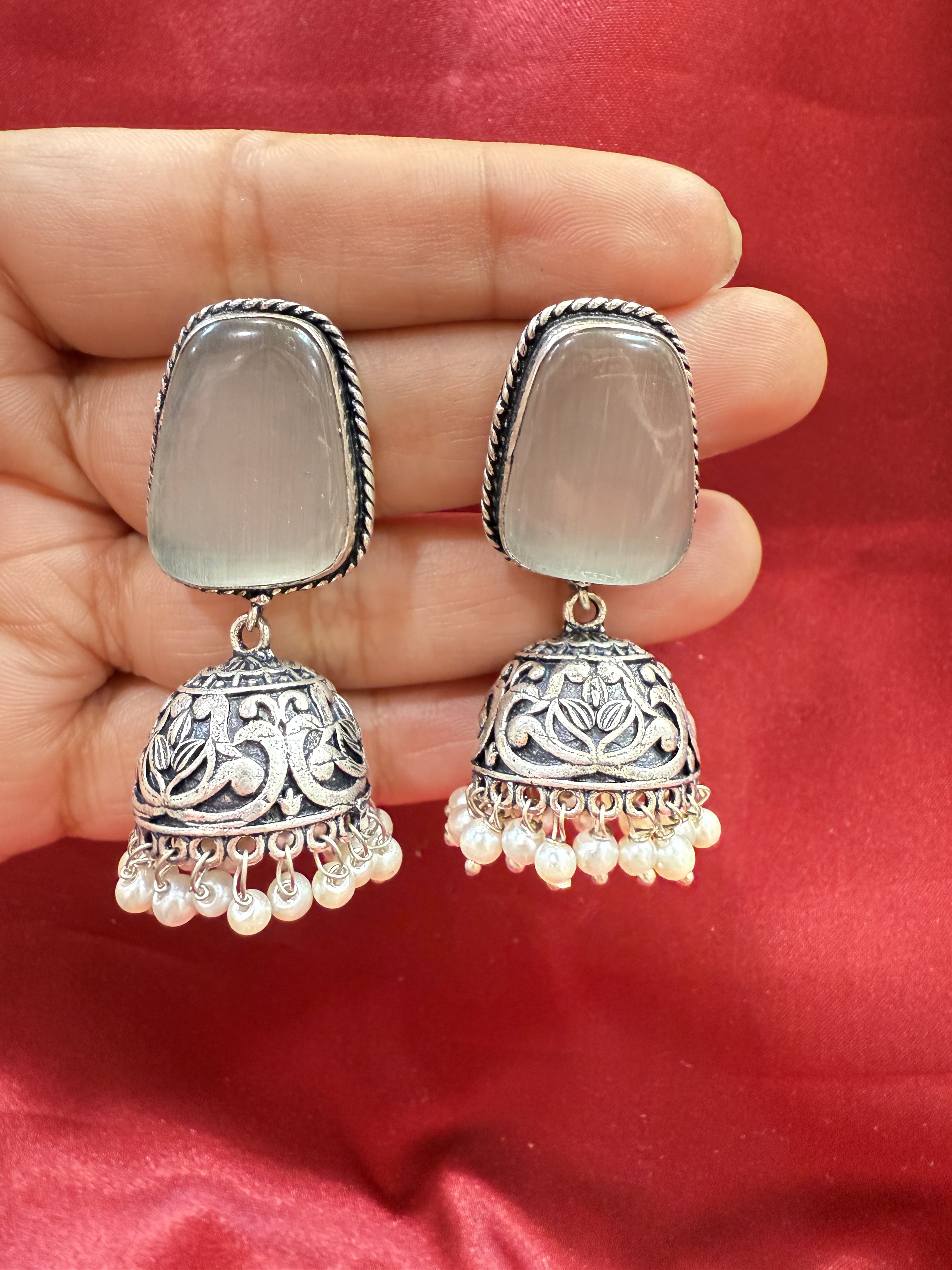 Elegant Oxidized Gray Stone Jhumka Earrings with White Bead Dangles - Perfect for Weddings, Parties & Boho Fashion