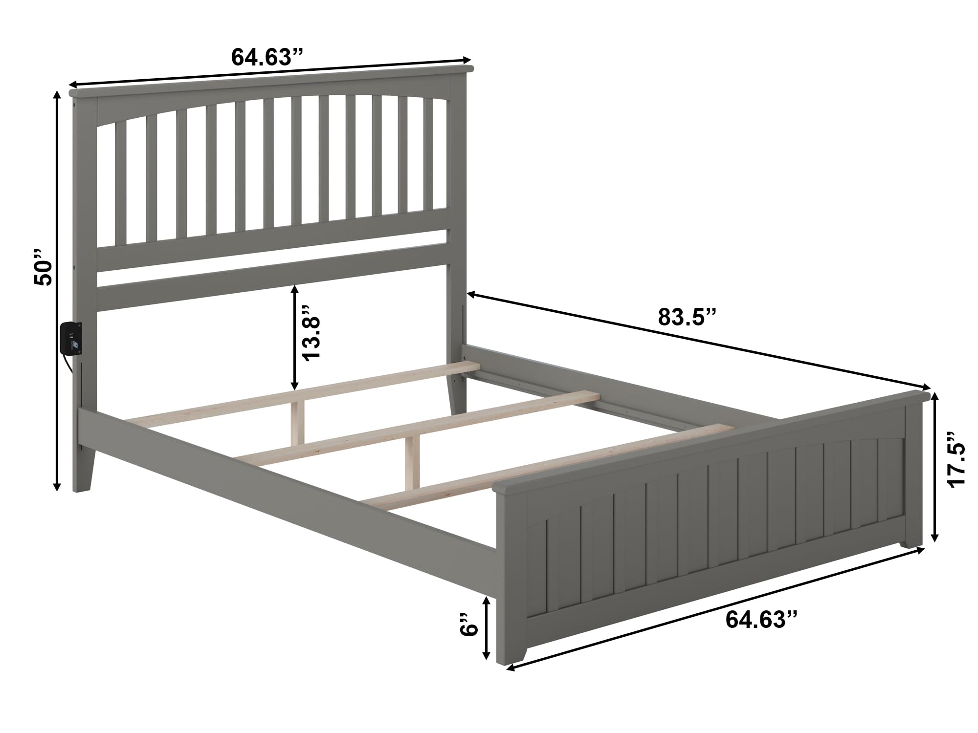 AFI Mission Queen Size Bed Frame with Matching Footboard & USB Charger - Modern Grey Bedroom Furniture for Home Decor & Comfortable Sleep