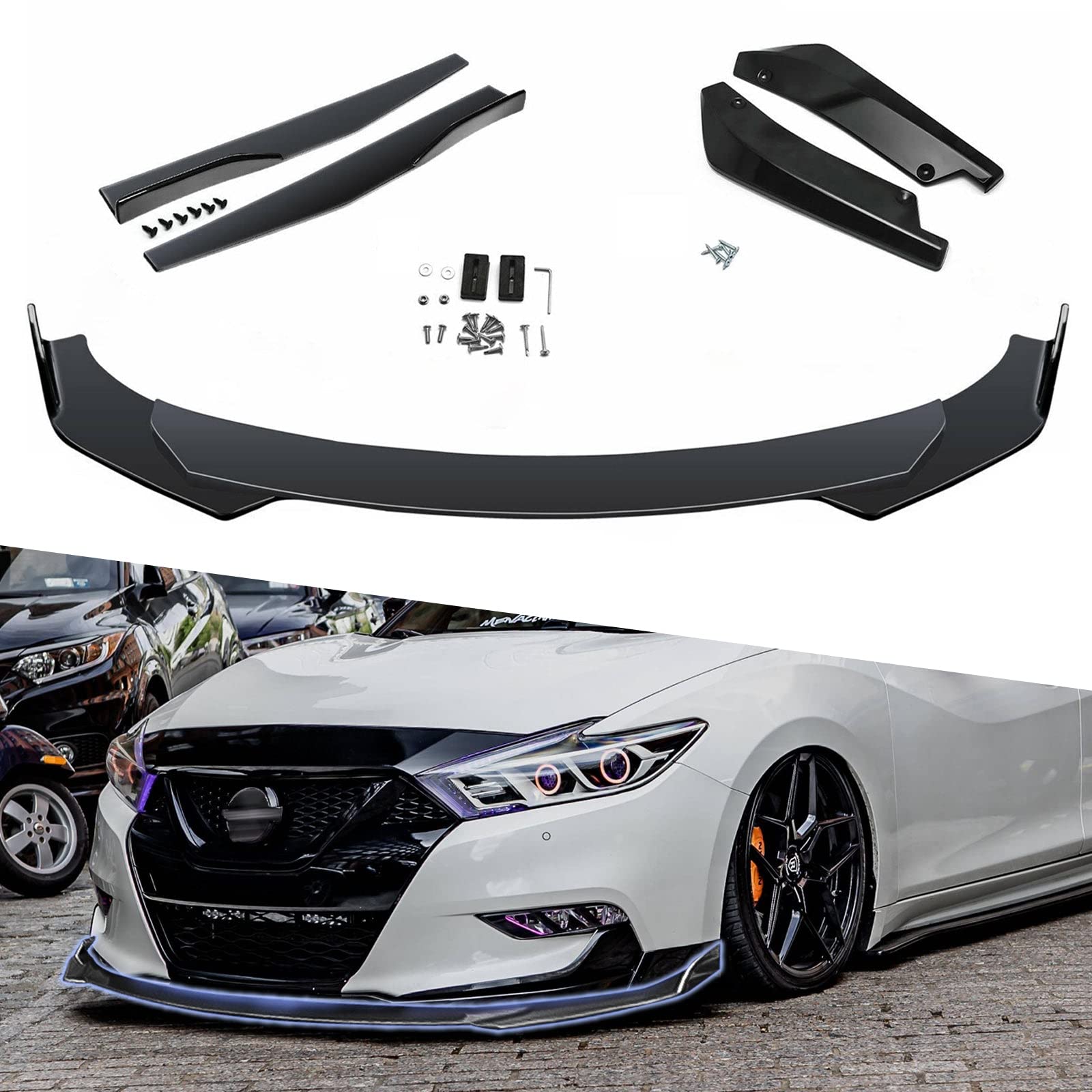 Exotic Tech Front Bumper Lip Spoiler + Side Skirt Splitter + Rear Bumper Lip Wrap Splitter Canard Kit for Nissan Maxima Versa Sentra Altima - Black - Enhance Style & Aerodynamics for Street Racing & Car Shows