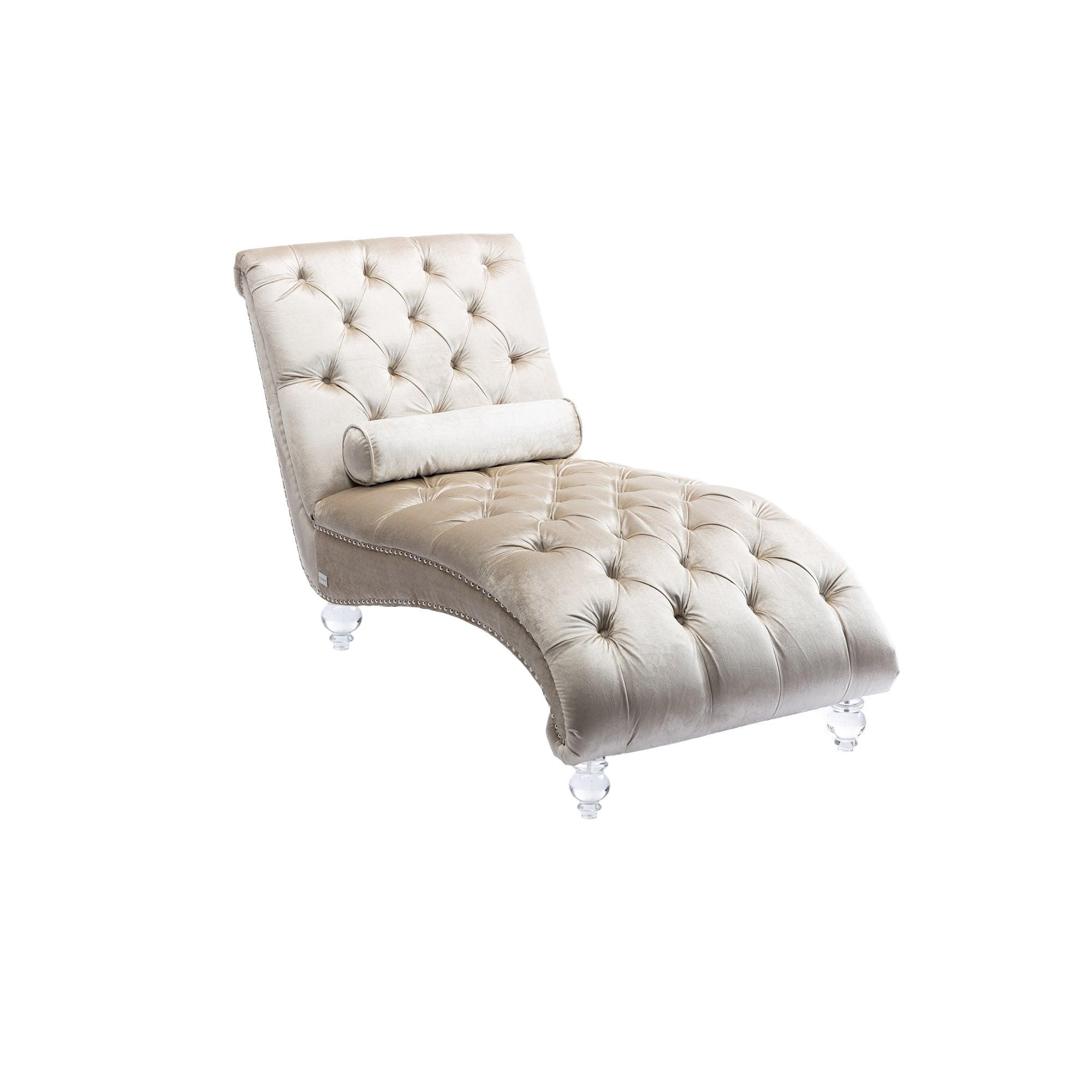 Luxury Velvet Chaise Lounge Chair - Button Tufted Upholstered Sofa with Pillow for Bedroom, Living Room & Office - Elegant Beige Velvet - Perfect for Relaxing, Reading & Home Decor