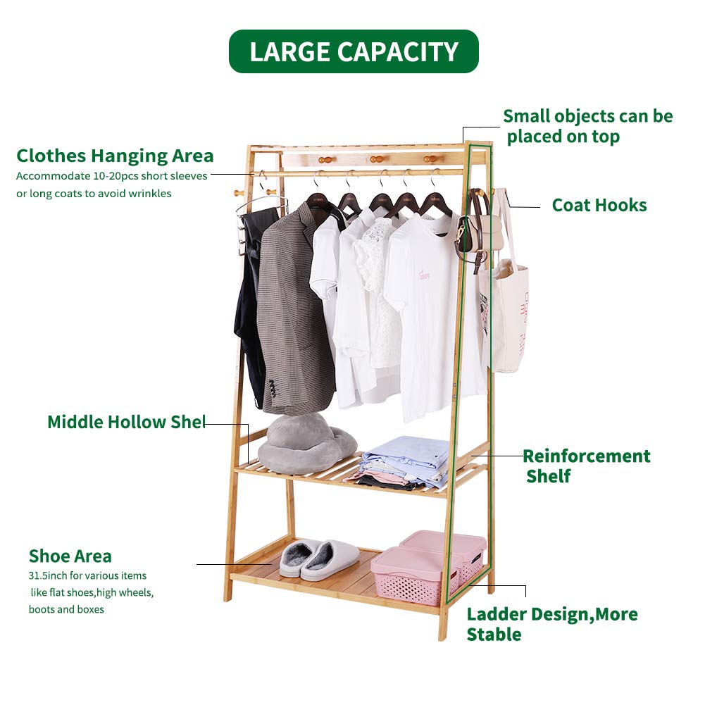 Wooden Floor Standing Clothes Rack - Open Wardrobe Bamboo Coat Hanger with Shoe Rack, Multifunctional Bedroom Clothing Organizer for Jackets, Dresses & Accessories - Perfect for Small Spaces, Dorm Rooms & Closet Organization