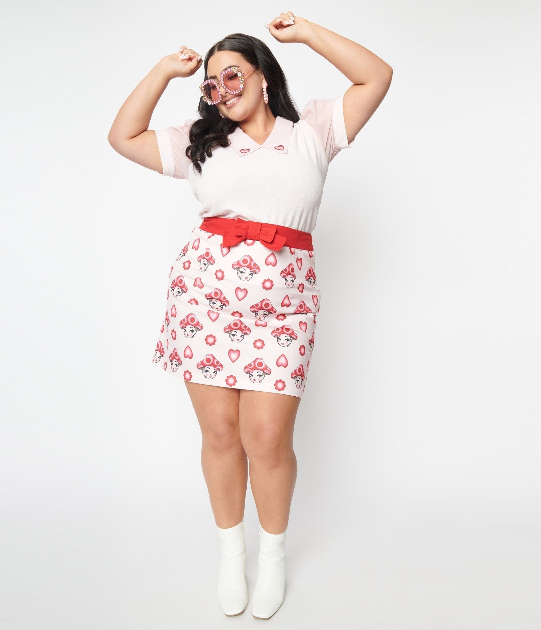 Smak Parlour Plus Size Pink & Red Madam Mushroom Mod Skirt for Women | Vintage 60s Style A-Line Mini Skirt | Perfect for Retro Parties, Cosplay & Everyday Fashion