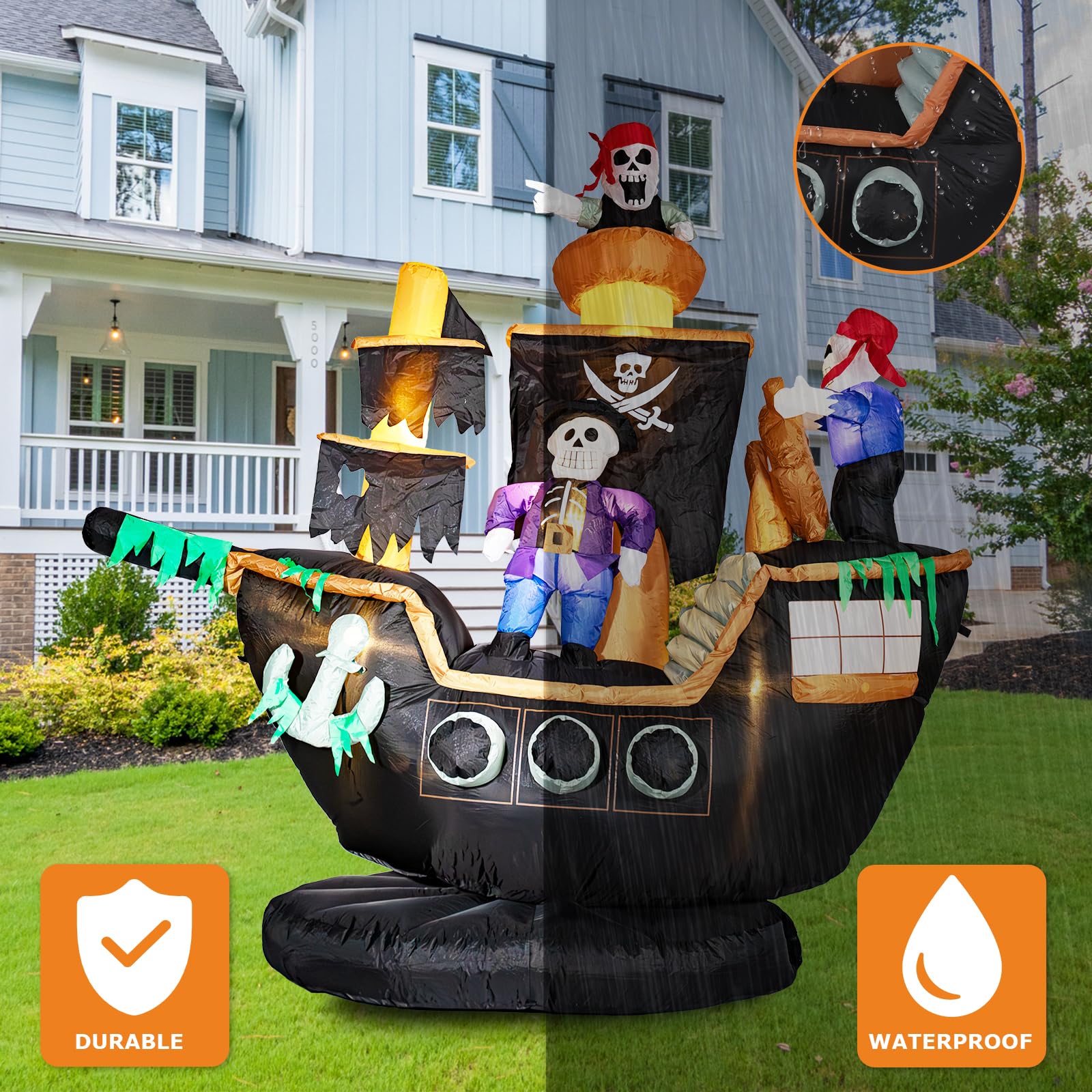 7FT Halloween Inflatable Pirate Ship with LED Ghost Lights - Outdoor Halloween Decorations for Yard, Garden, Party - Spooky Pirate Theme for Halloween Party Decor & Lawn Display