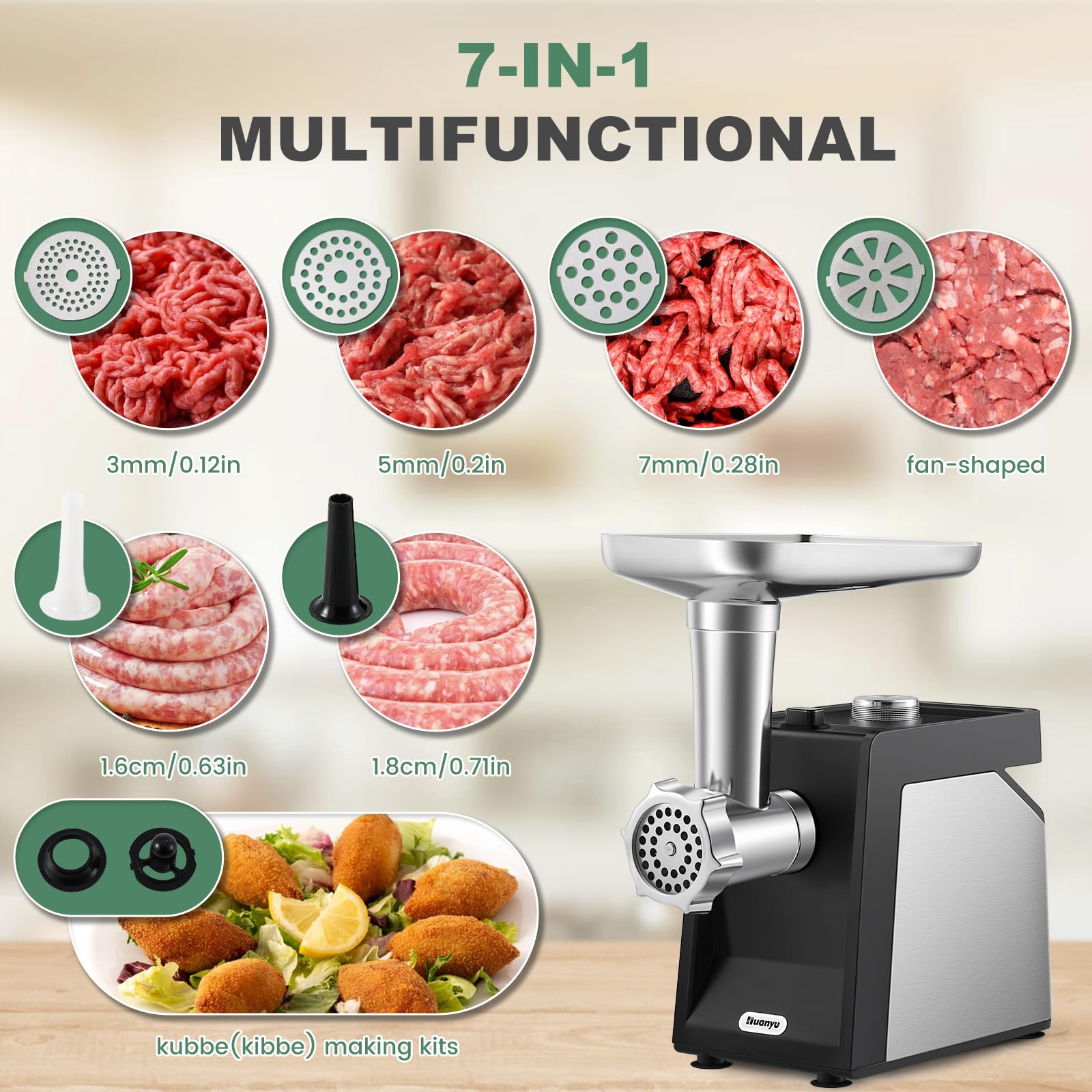 Huanyu 800W Electric Meat Grinder for Home Use - Includes 2 Blades, 4 Plates, Sausage Tube & Kubbe Kit (110V) | Perfect for Grinding Beef, Pork, Making Sausages & Homemade Pet Food