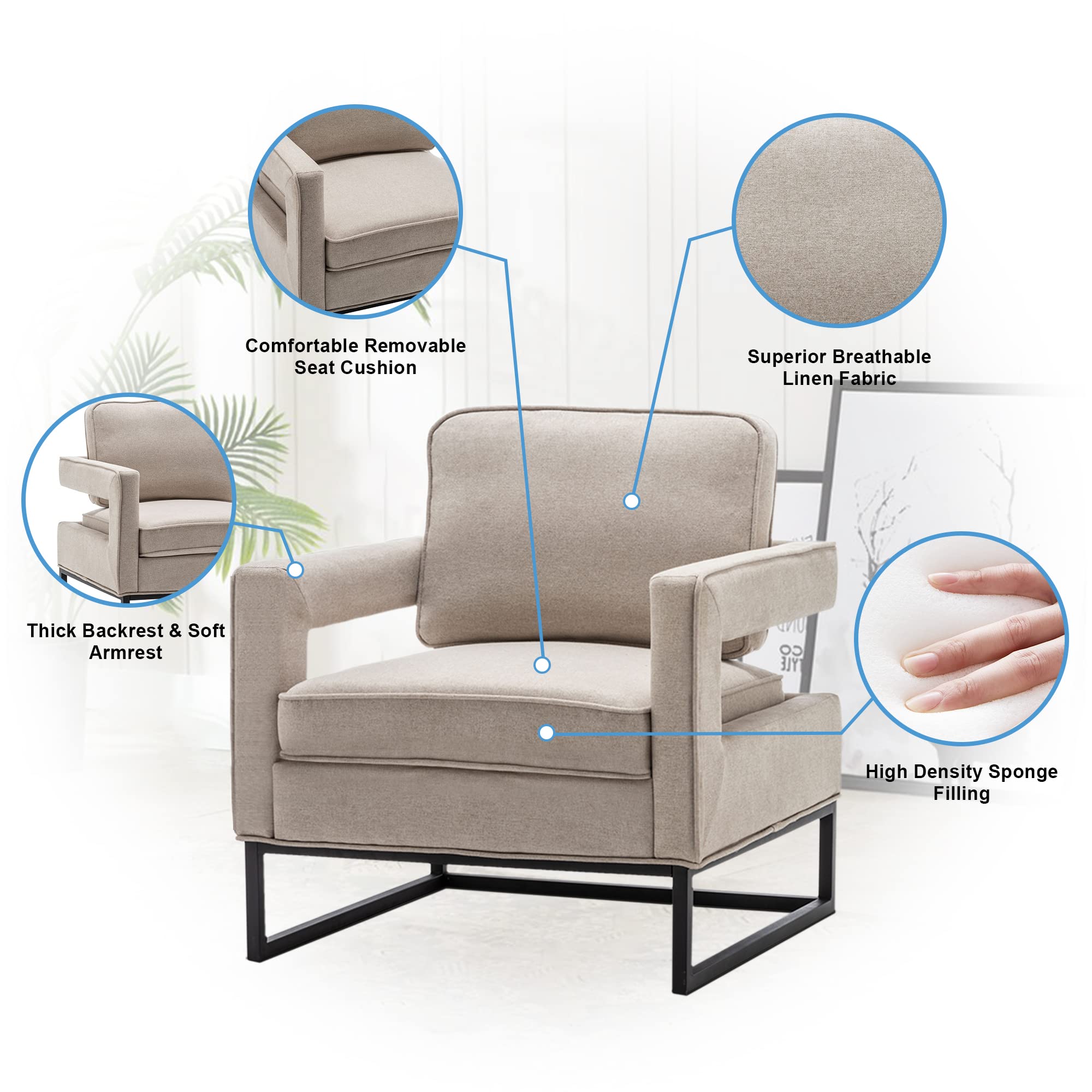 Modern Accent Chair Mid Century Armchair with Removable Cushion - Upholstered Lounge Chair for Living Room, Bedroom & Reception - Beige - Perfect for Relaxing, Reading or Adding Stylish Seating to Any Space
