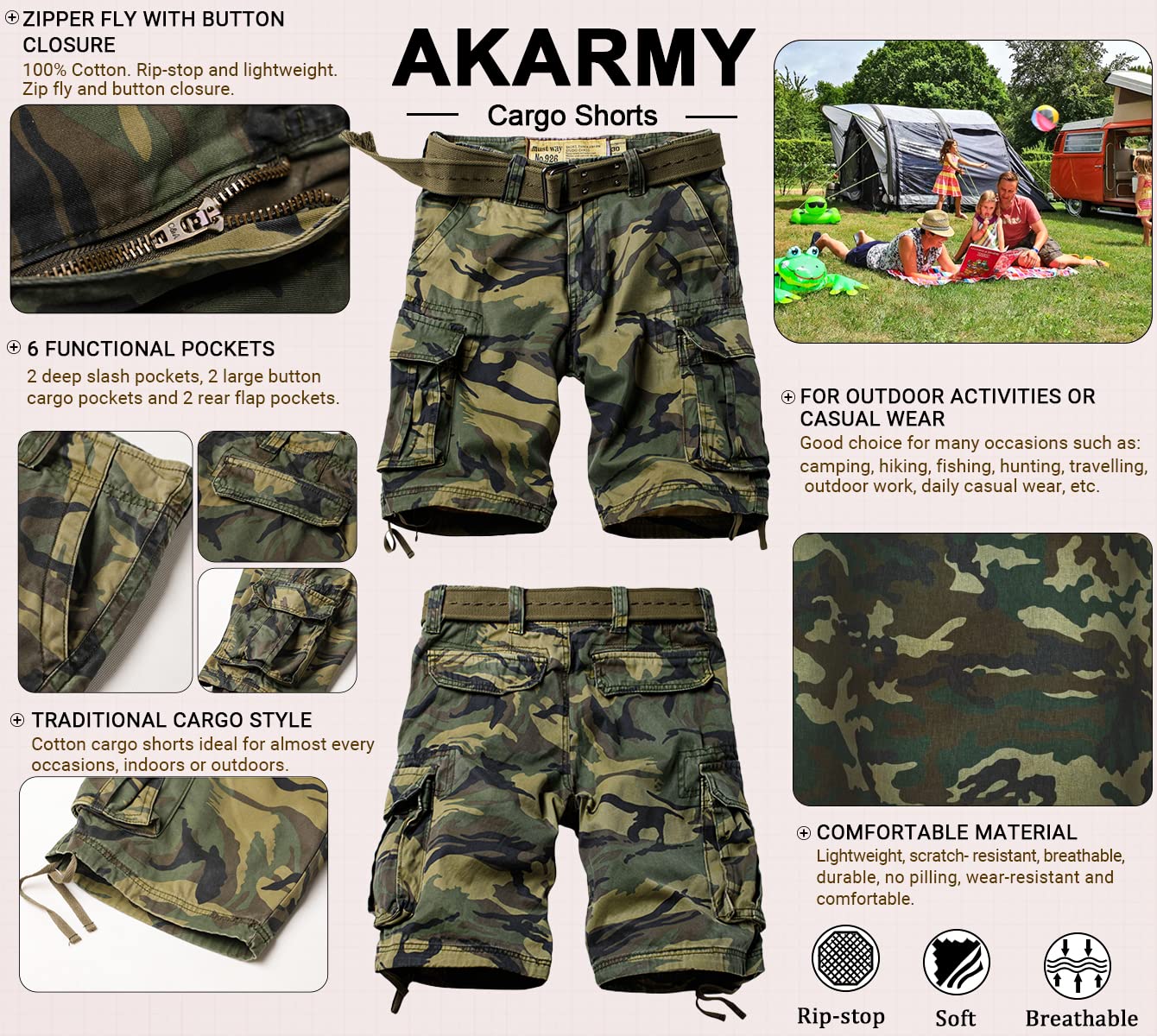 AKARMY Men's Camo Cargo Shorts - Outdoor Tactical Shorts with Multiple Pockets, Breathable Cotton Fabric, No Belt Needed - Perfect for Hiking, Camping & Casual Wear