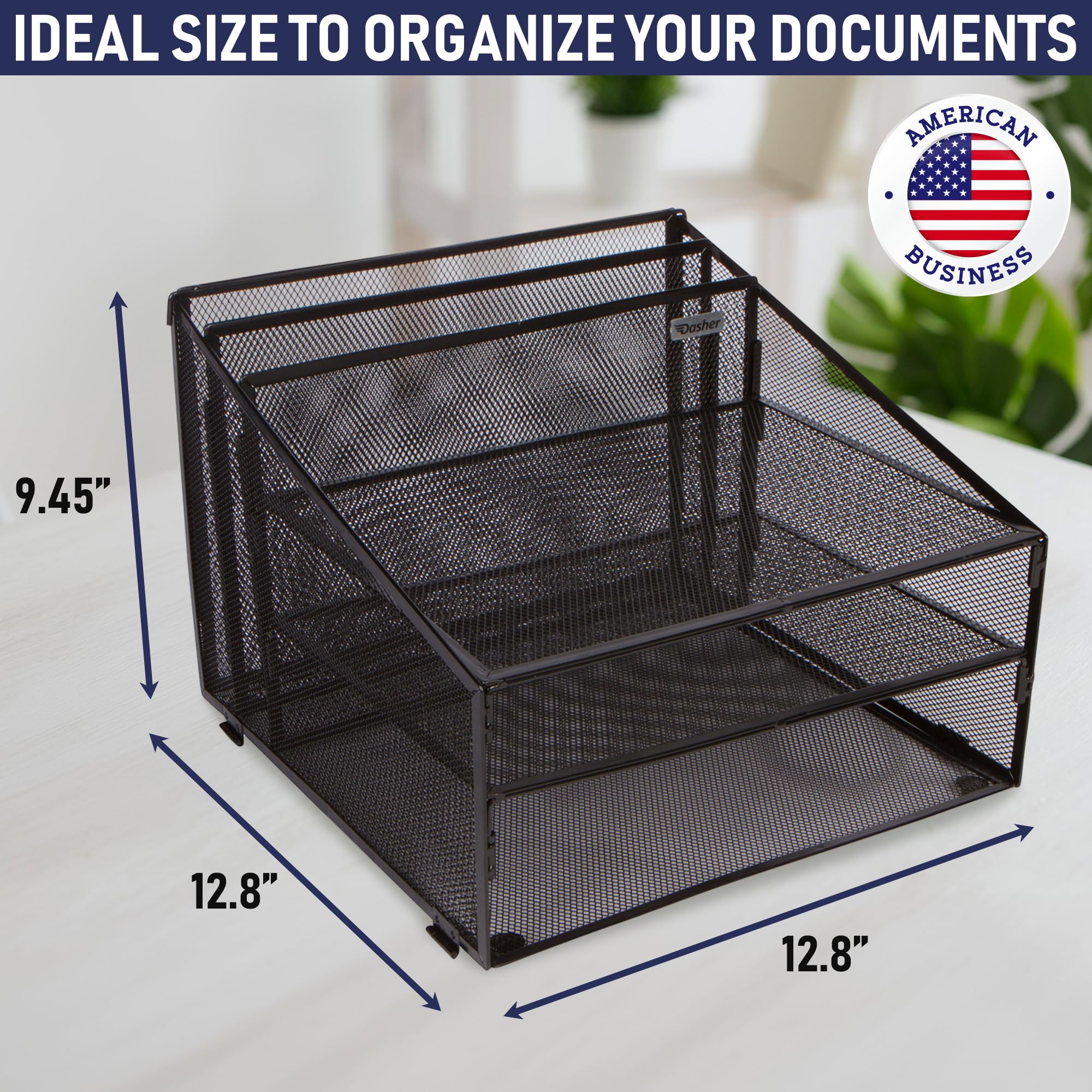 Dasher Products Metal Mesh Office Desk Organizer with 3 Paper Trays & 2 Vertical Sections - Black Desktop File Holder for Letter/A4 Size Documents, Folders & Stationery - Perfect for Home Office Organization & Workspace Accessories