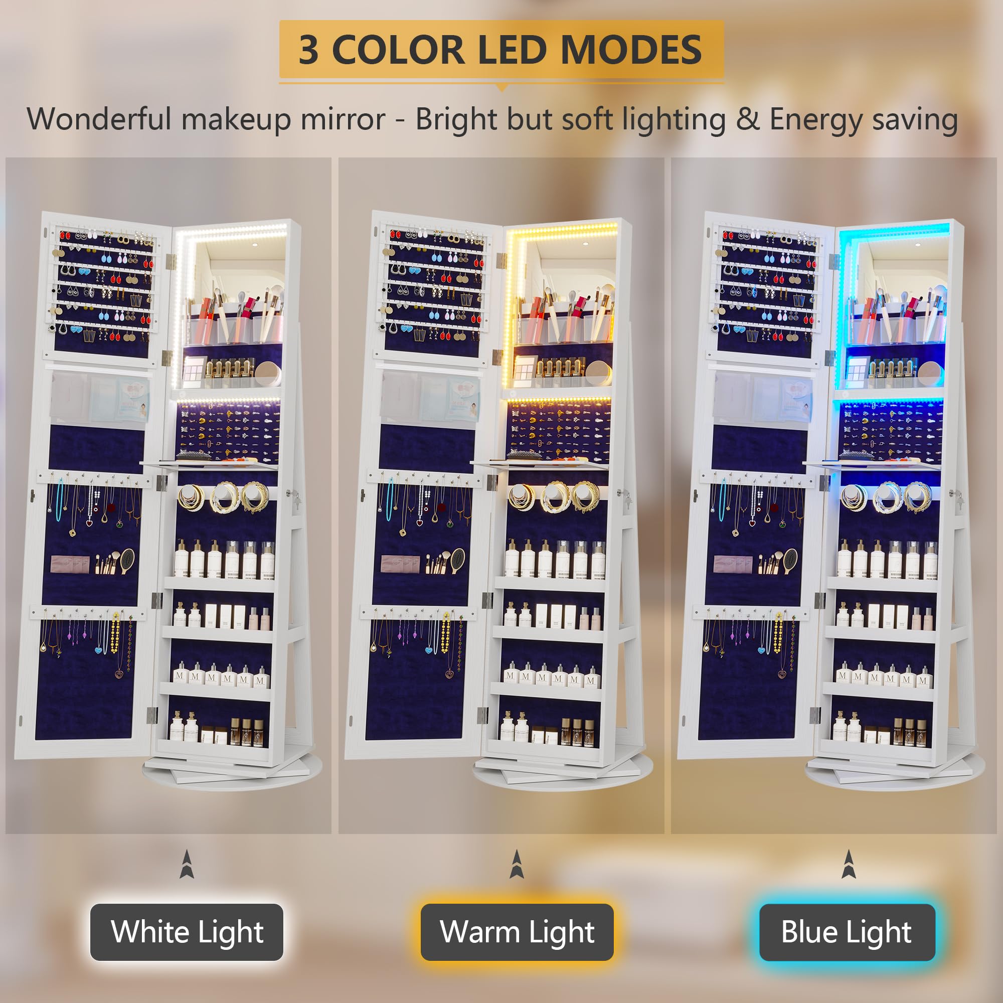 Vlsrka LED Jewelry Armoire with Full Length Mirror - 360° Rotating Standing Jewelry Cabinet with Lock, Inner Makeup Mirror & Soft Velvet Lining - Large Jewelry Organizer for Necklaces, Rings, Earrings - Perfect for Bedroom, Living Room & Dressing Room Decor