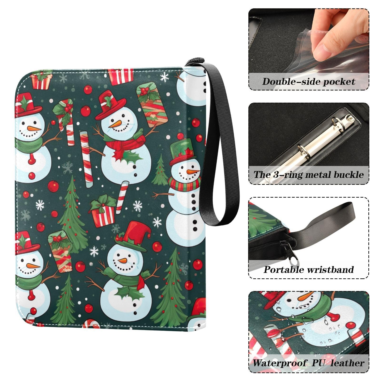 Christmas Winter Tree Snowmen 4-Pocket Trading Card Binder - Holds 400 Cards with 50 Sleeves, Zippered Storage Album for Football Cards | Perfect for Collectors, Gift-Giving & Card Trading Events