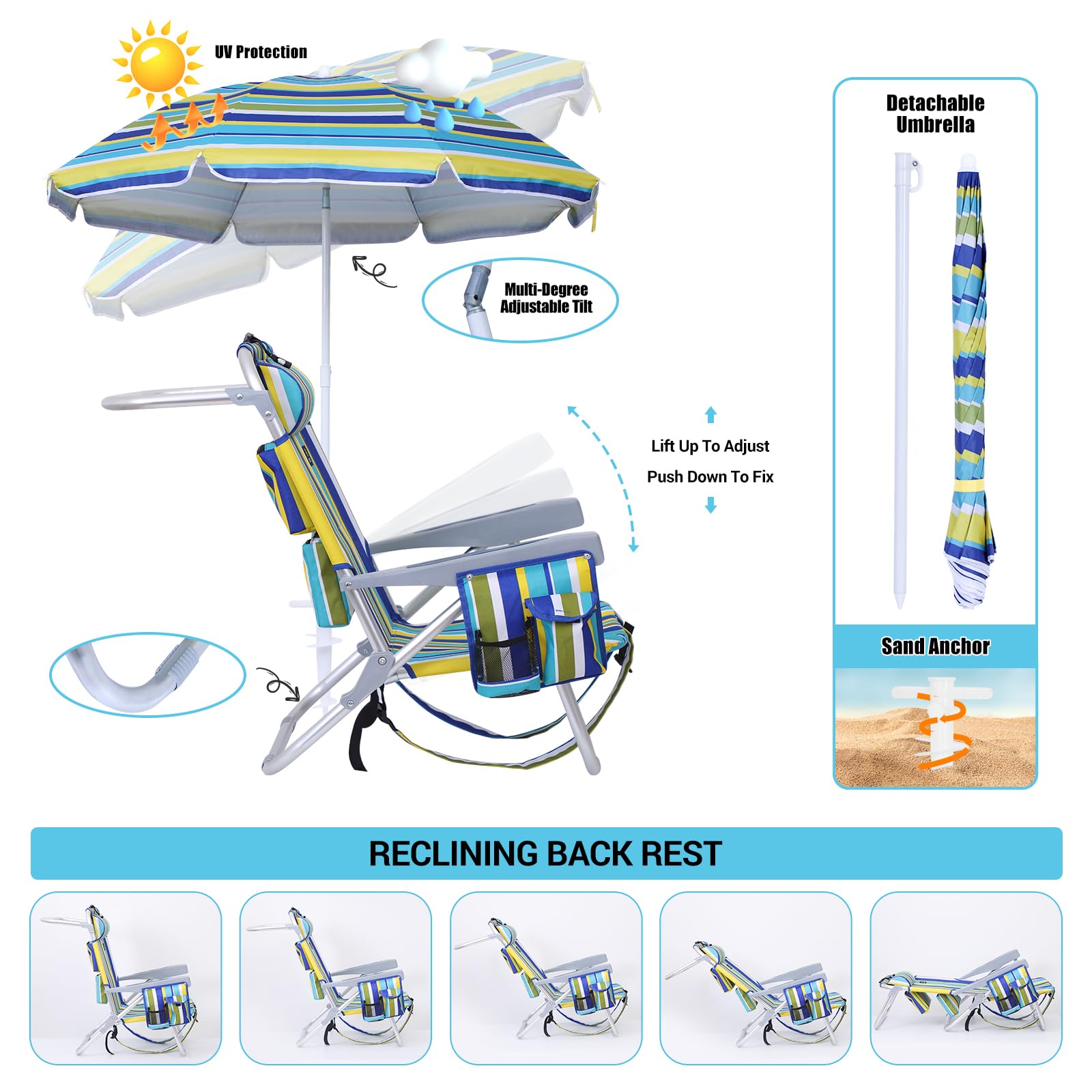Premium Folding Backpack Beach Chair with Umbrella & Cooler - High Back Support, Cup Holder - Portable Sand Chair for Adults - Perfect for Beach, Pool, Camping & Outdoor Relaxation (Set of 1)