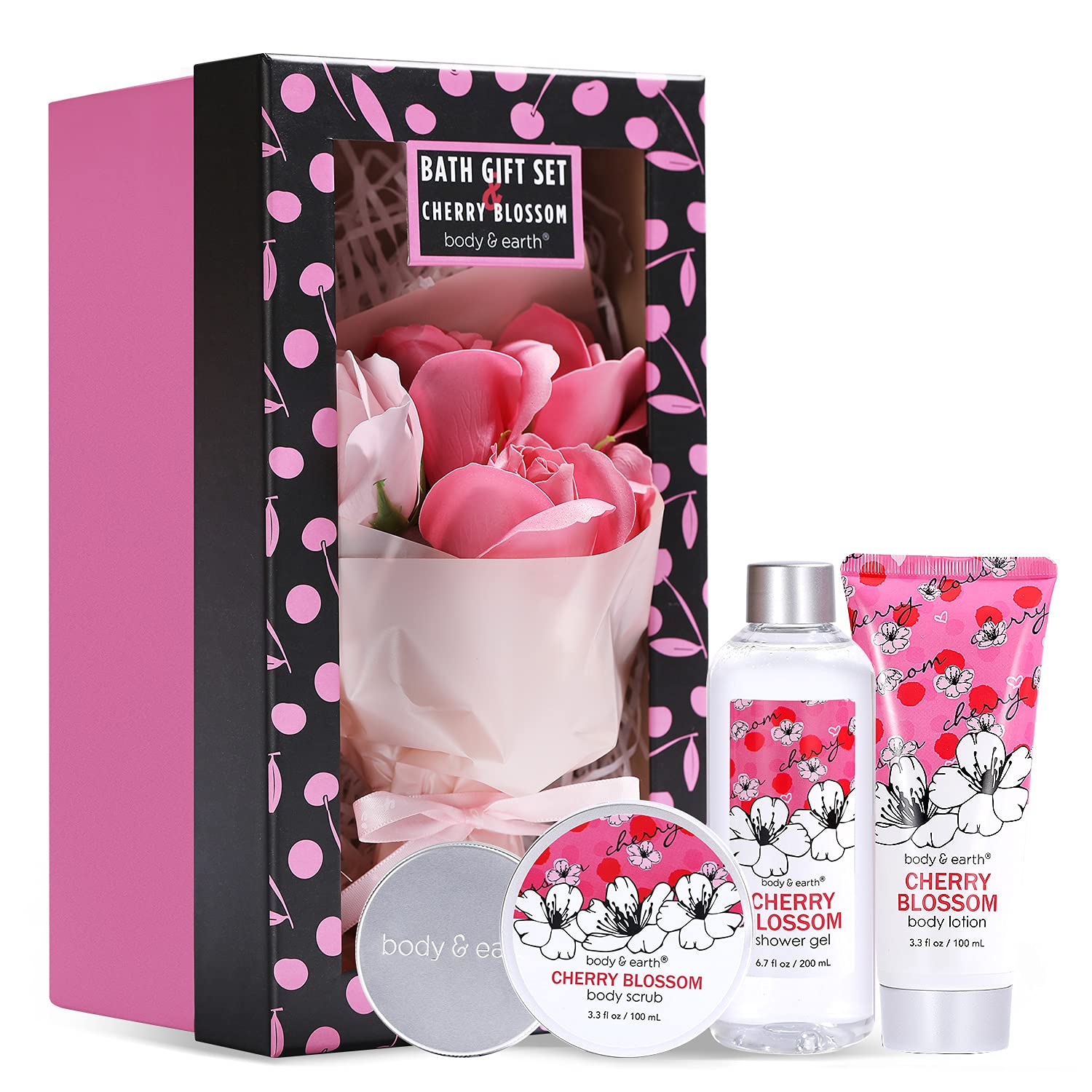 Luxury 5-Piece Cherry Blossom Spa Gift Set for Women - Shower Gel, Body Scrub, Lotion, Hand Soap & Rose Flower in Elegant Double-Layer Box | Perfect Birthday, Anniversary, Mother's Day Gift & Relaxing Home Spa Experience
