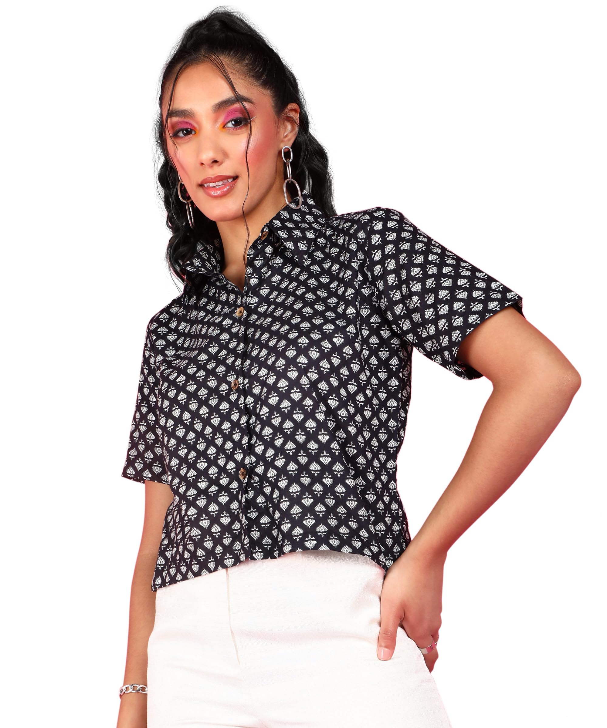 Women's Ethnic Printed Cotton Crop Shirt - Stylish Casual Wear for Summer Outings
