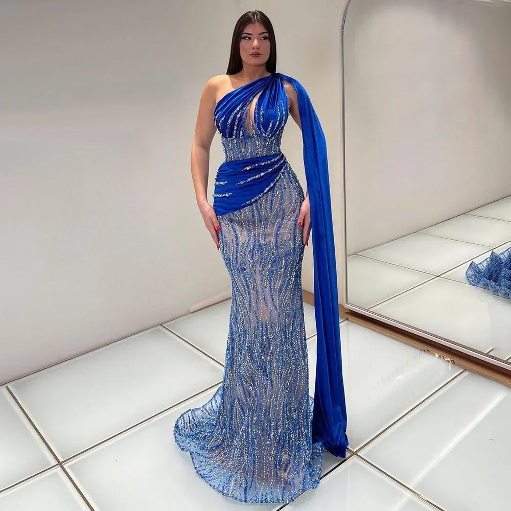 Serene Hill Blue Mermaid One Shoulder Elegant Cape Sleeve Beaded Luxury Evening Dress for Women - Perfect for Prom, Gala & Formal Parties 2025