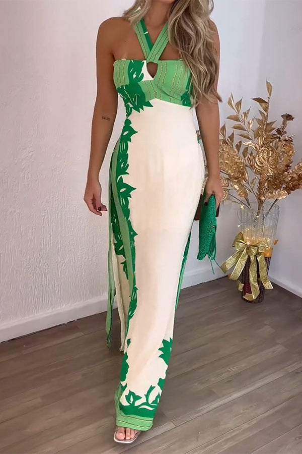 Unique Print Halter Neck Hollow Back Tie Maxi Dress - Flowy Summer Beach Dress for Women, Boho Chic Party & Vacation Outfit