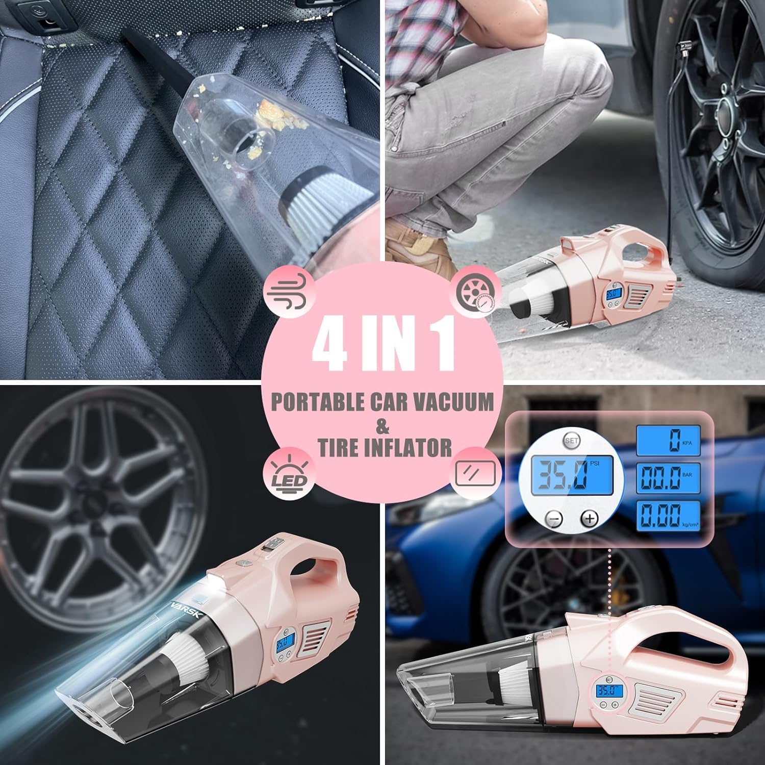 VARSK 4-in-1 High Power Car Vacuum Cleaner & Tire Inflator - 12V DC Portable Handheld Vacuum with Digital LCD Pressure Gauge, 15FT Cord & LED Light - Perfect Gift for Women, Girls & Moms (Pink) - Ideal for Car Cleaning, Home Use & Emergency Tire Inflation