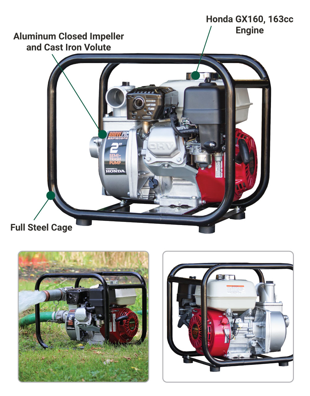 Brave BRP160SP2 Semi Trash Pump 2 with Honda GX160 Engine - 147 GPM, 3/8