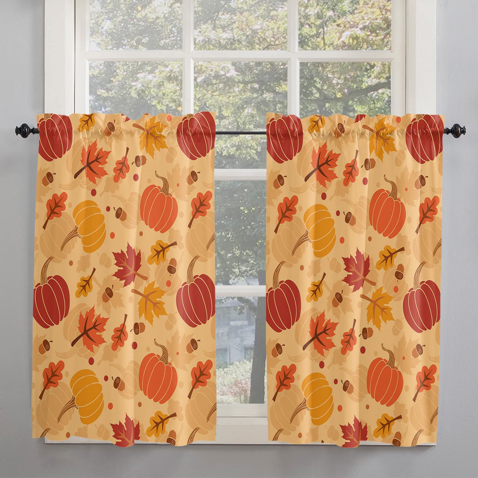 Thanksgiving Pumpkin Bathroom Window Curtain - Orange Maple Leaves Fall Harvest Light Filtering Kitchen Curtains for Bedroom & Living Room - 2 Panel Set 84