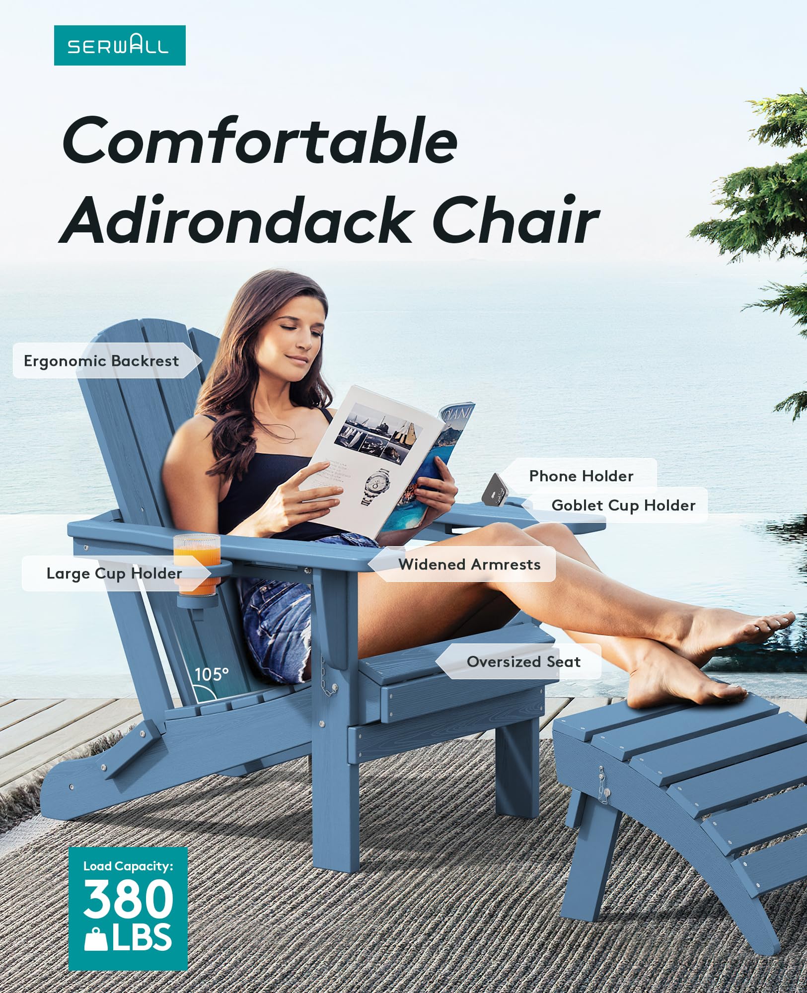 SERWALL Folding Adirondack Chair Set of 4 - HDPE Plastic Outdoor Patio Furniture with Real Wood Look - Navy Blue - Perfect for Backyard, Poolside, and Garden Relaxation