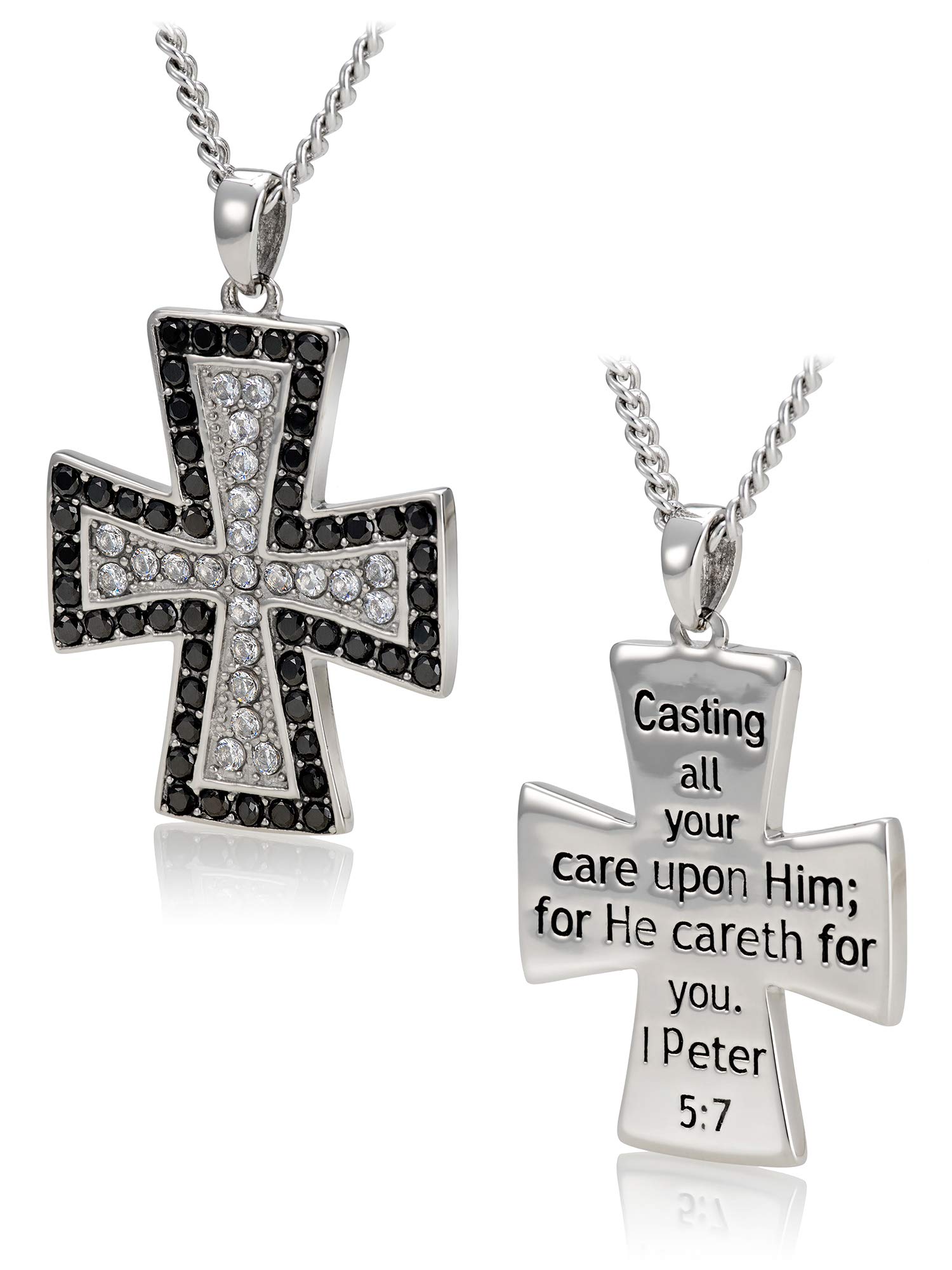 Women's Stainless Steel Peter Cross Necklace with Crystals - I Peter 5:7 Bible Verse Jewelry for Church, Gift & Daily Wear