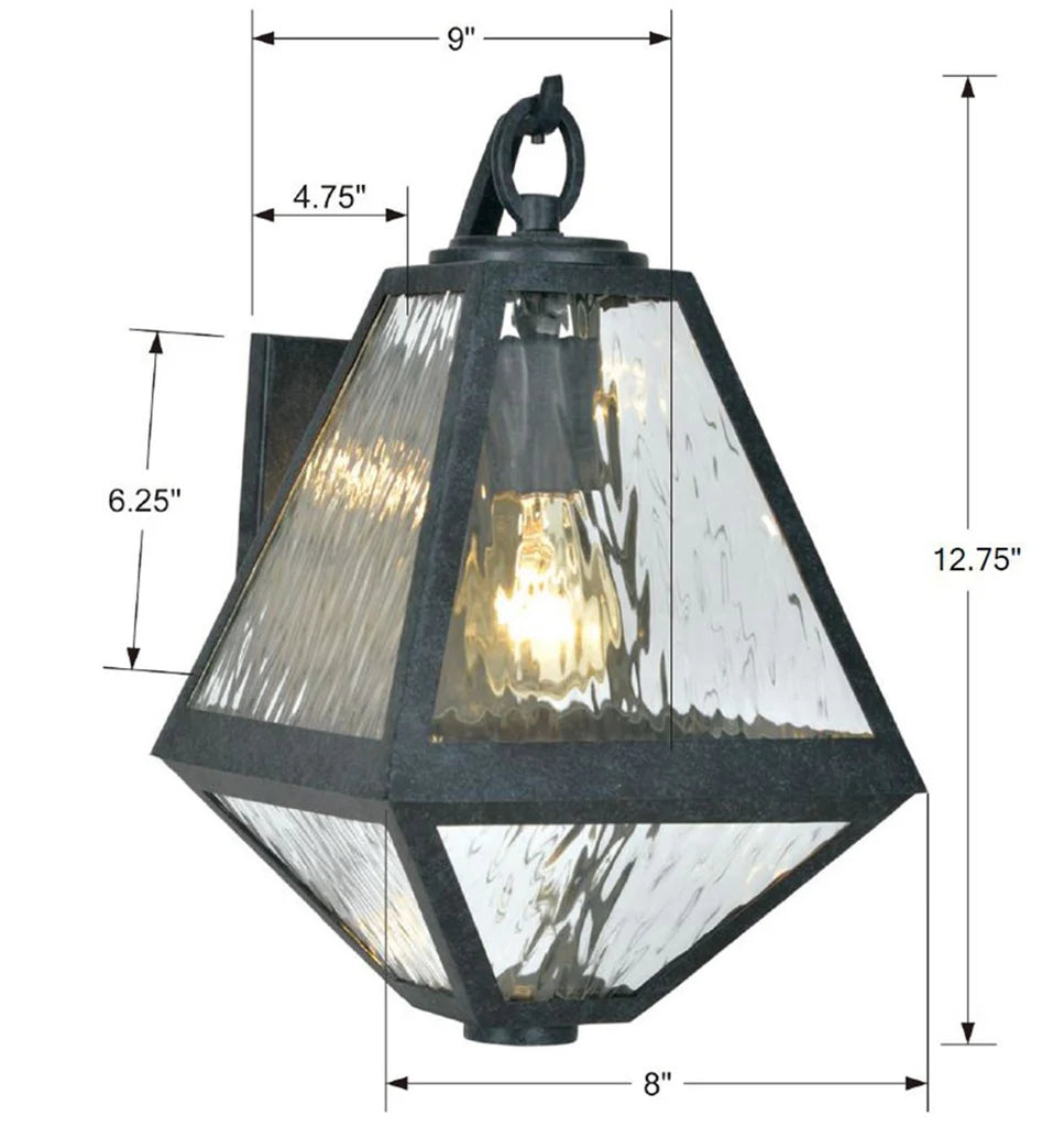 Brian Patrick Flynn Glacier 1 Light Outdoor Wall Sconce - 8x12.75 Inch Stainless Steel Water Glass Fixture with Black Charcoal Finish - 120V E26 Medium Base LED Compatible - Perfect for Patio, Garden, Porch, Entryway & Exterior Wall Lighting