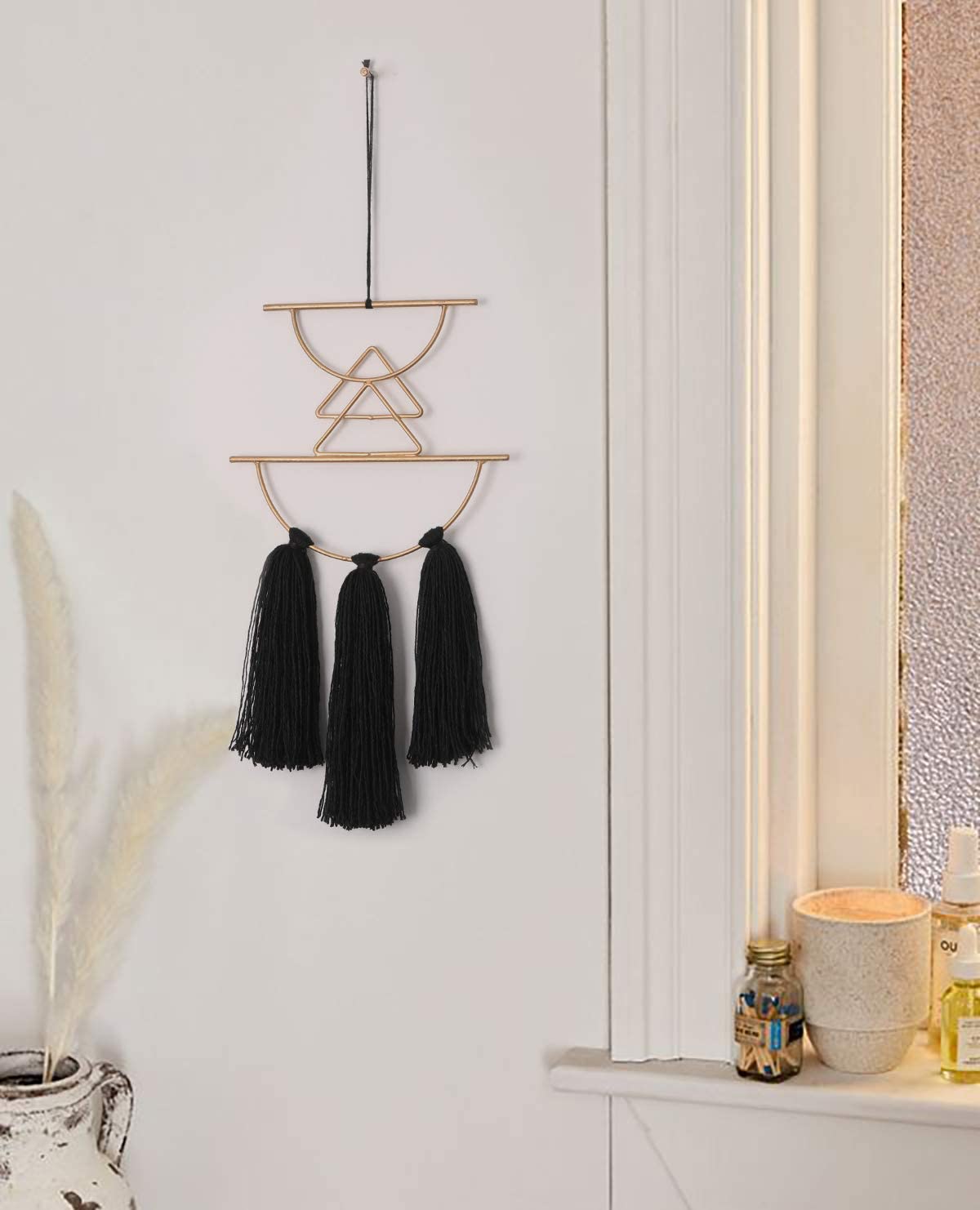 Boho Macrame Wall Hanging Decor - Black Woven Metal Art Home Decor for Living Room, Bedroom, Nursery | Perfect for Bohemian Style Home Decor & Gift Ideas