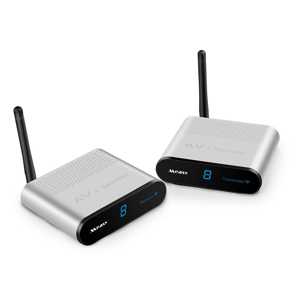 Wireless AV Transmitter and Receiver Kit - Measy AV530 HD Video Audio Transmitter & Receiver for TV, Monitor, Camera (300m/1000ft Range, RCA Extender, Silver) - Perfect for Home Theater, Surveillance Systems, and Presentations
