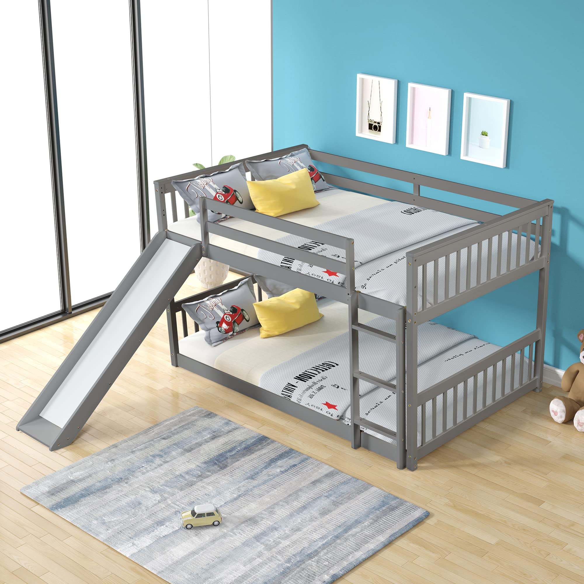 Harper & Bright Designs Low Full Over Full Bunk Beds for Kids - Wooden Bunk Bed with Slide & Ladder - Space-Saving Twin Bunk Bed for Boys, Girls & Teens - Grey - Perfect for Small Bedrooms, Shared Kids Rooms & Sleepovers