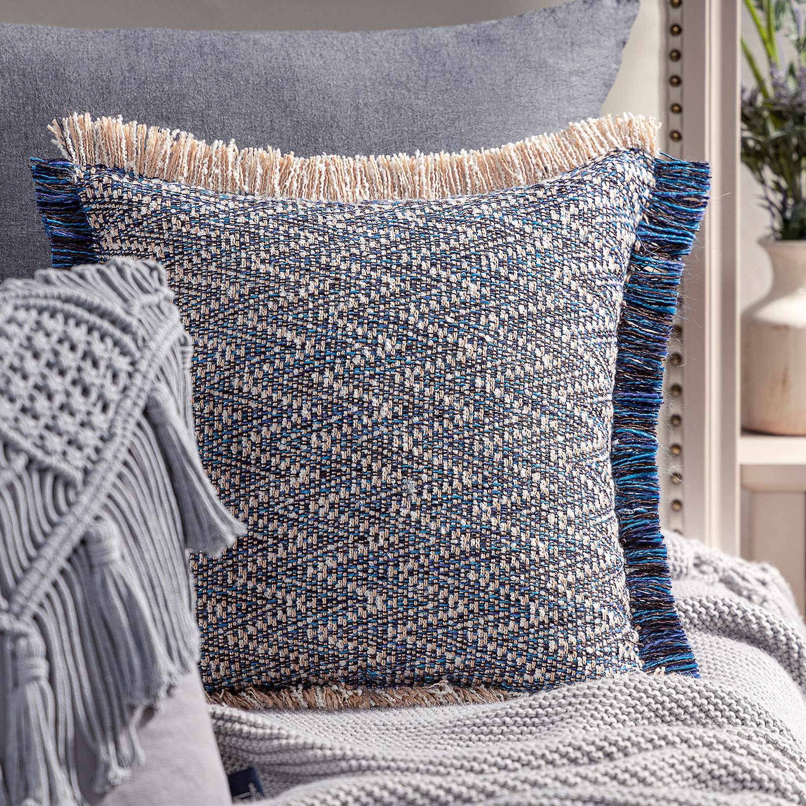 Bohemian Decorative Throw Pillow Cover with Insert - 20x20 Inch Handwoven Textured Square Cushion with Fringe Trim, Dark Blue Farmhouse Style Pillow for Sofa, Bed & Home Decor