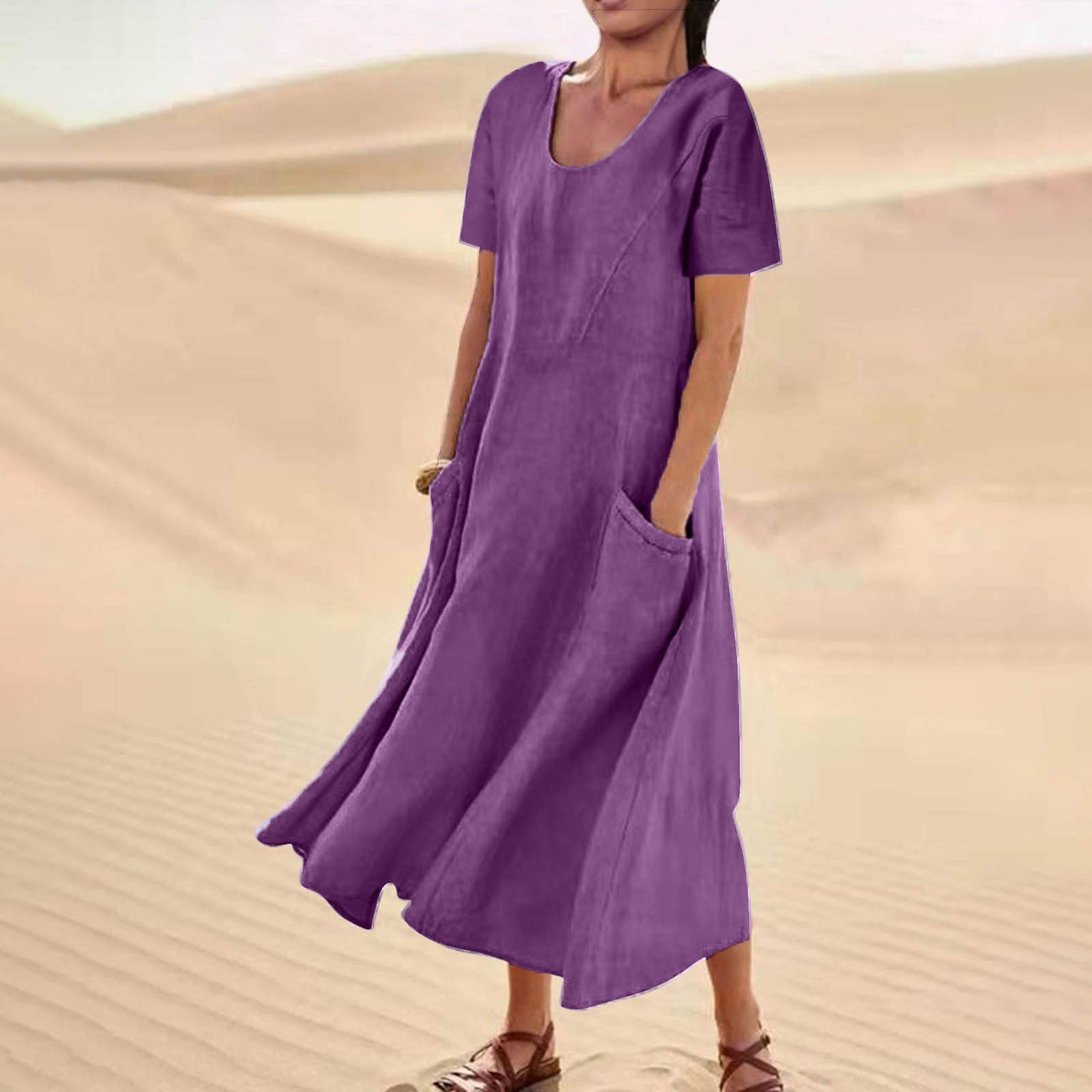 Women's Linen Sundress 2025 - Short Sleeve Crewneck Flowy Maxi Dress with Pockets | Plus Size Beach Coverup, Casual Summer Dress for Vacation, Outdoor & Boho Style