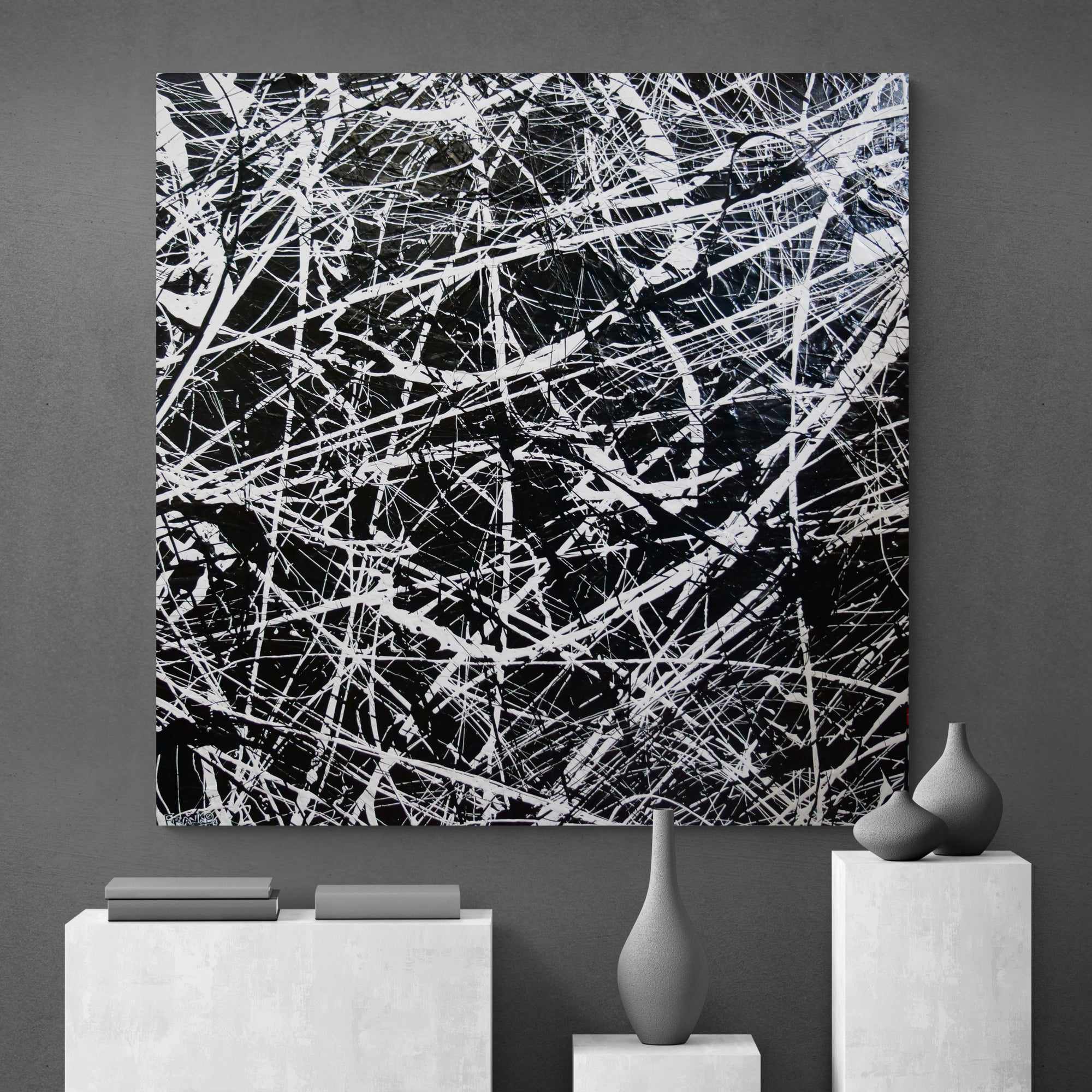Scatter Brain Abstract Painting 150cm x 150cm - Black & White Textured Canvas Art for Modern Living Room & Office Wall Decor