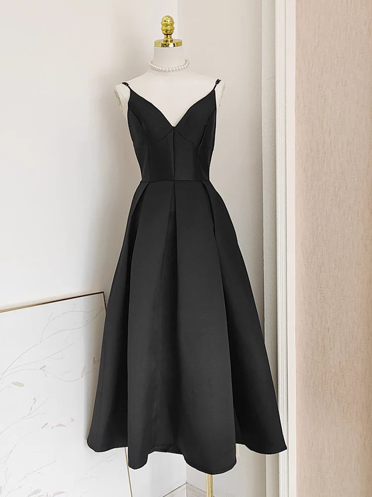 Elegant A-Line Little Black Satin Guest Dress for Women - Perfect for Weddings, Birthday Parties & Special Occasions | Formal Evening Gowns & Cocktail Dresses