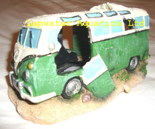 Clearstream Green Camper Bus Aquarium Decor - Small Fish Tank Bubbler Ornament for Freshwater & Saltwater Tanks - Perfect for Betta Fish Hideouts, Aquatic Landscape Decorations - Great for Home, Office or Classroom Aquariums
