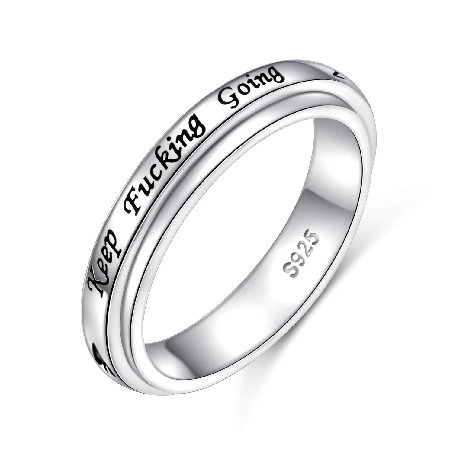 Spinner Ring 925 Silver for Anxiety Relief - ADHD Autism Stress Ring for Men & Women - Keep Going Inspirational Band