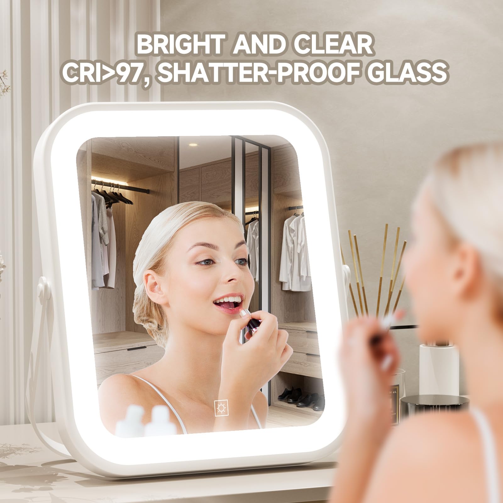 PRIMETEK 10x8 LED Vanity Mirror with 3-Color Lights & 5X Magnification - Portable for Travel, Bedroom & Gifts