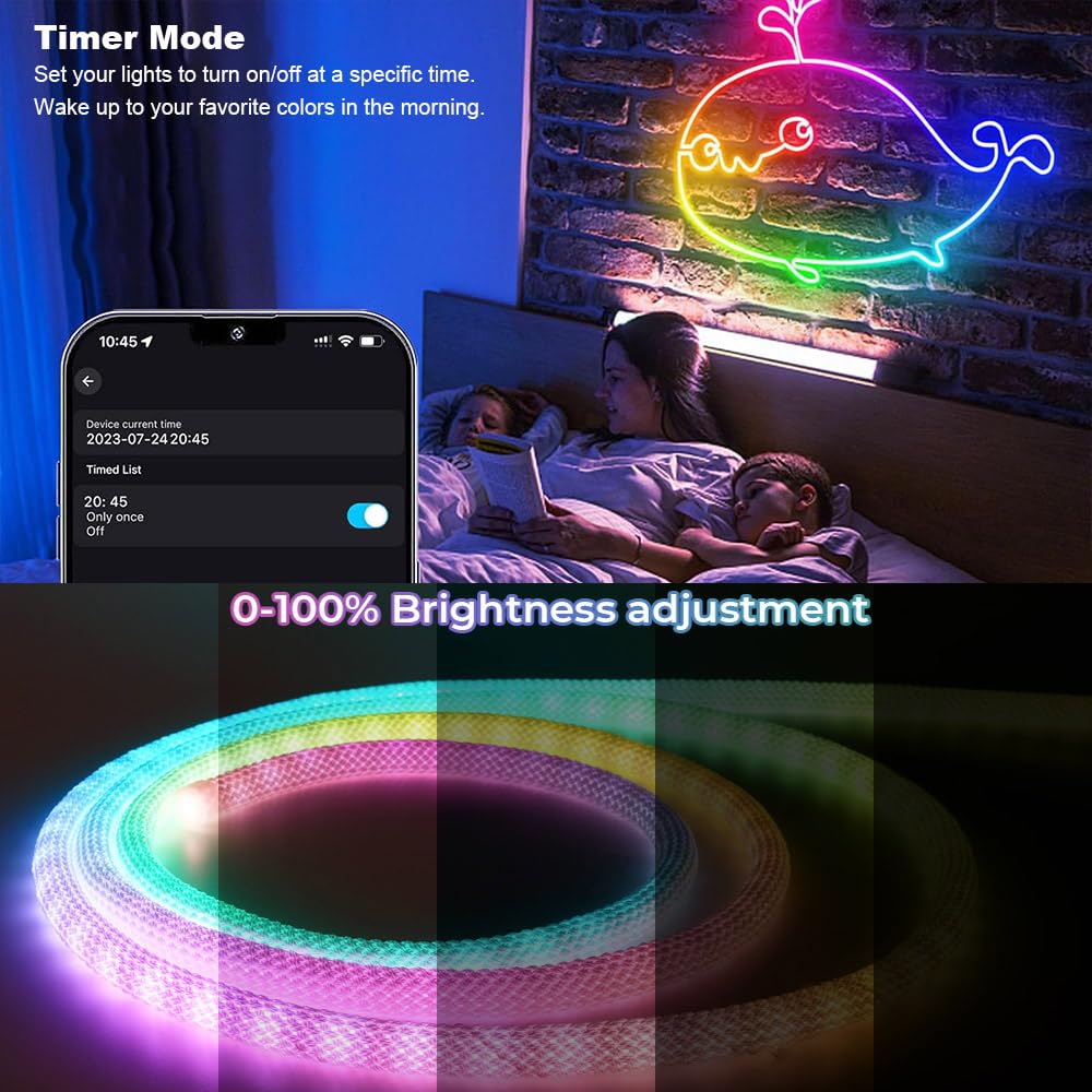 9.8ft Neon Rope Lights - 360° Glow USB Bluetooth LED Strip with APP/Remote Control, IP65 Waterproof Flexible Lighting for Bedroom Wall Decor, DIY Custom Neon Signs - Perfect for Parties, Weddings, Bars, and Outdoor Events